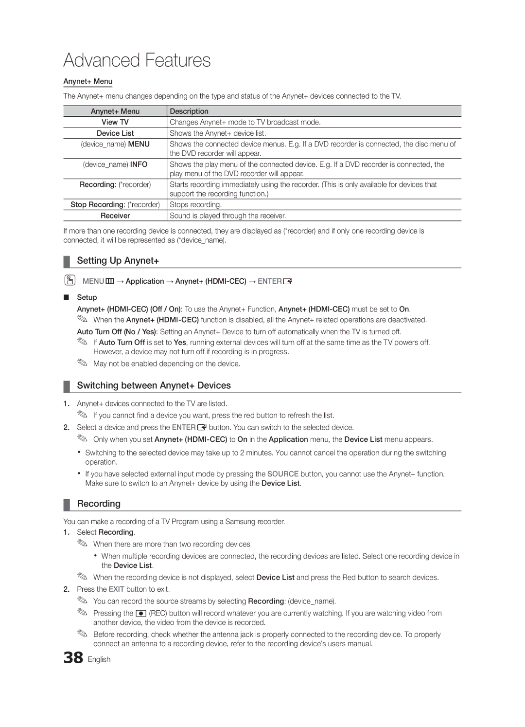 Samsung LN46D630, LN40D630 user manual Setting Up Anynet+, Switching between Anynet+ Devices, Recording 