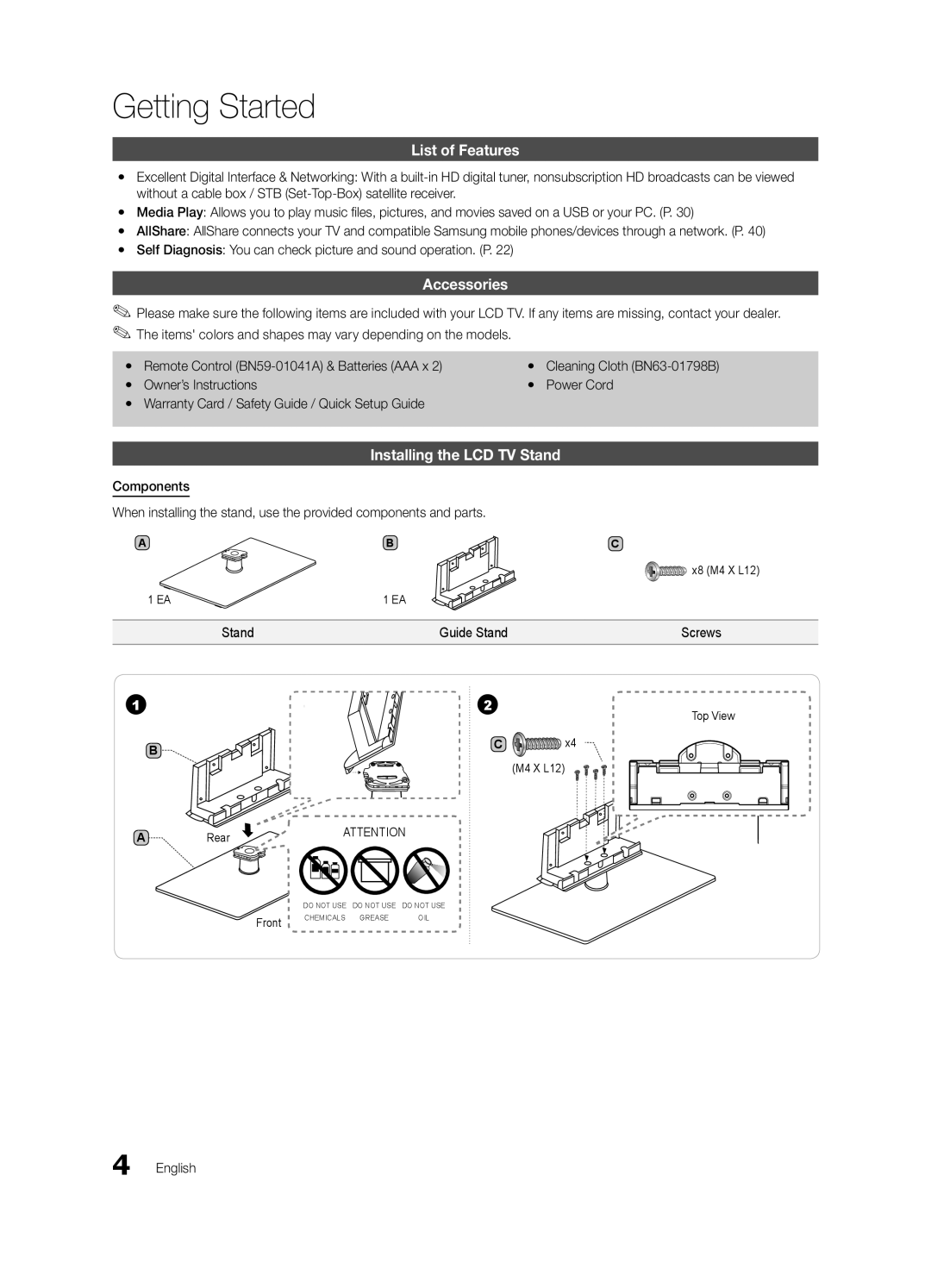 Samsung LN40D630, LN46D630 user manual List of Features, Accessories, Installing the LCD TV Stand, Guide Stand Screws 