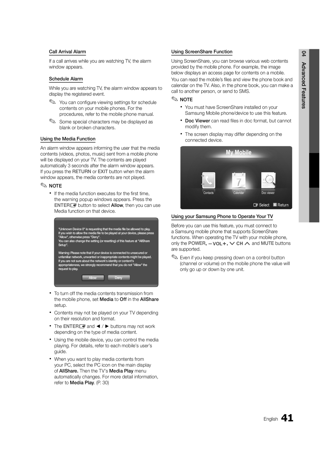 Samsung LN46D630, LN40D630 user manual My Mobile 