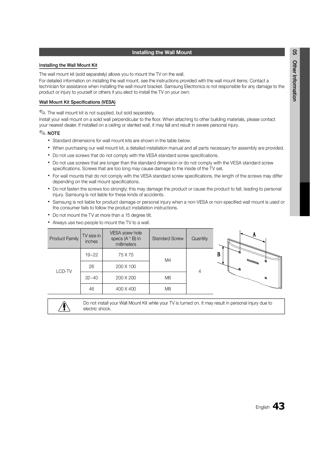 Samsung LN40D630, LN46D630 user manual Installing the Wall Mount, Vesa scew hole, 200 X 32~40 400 X 