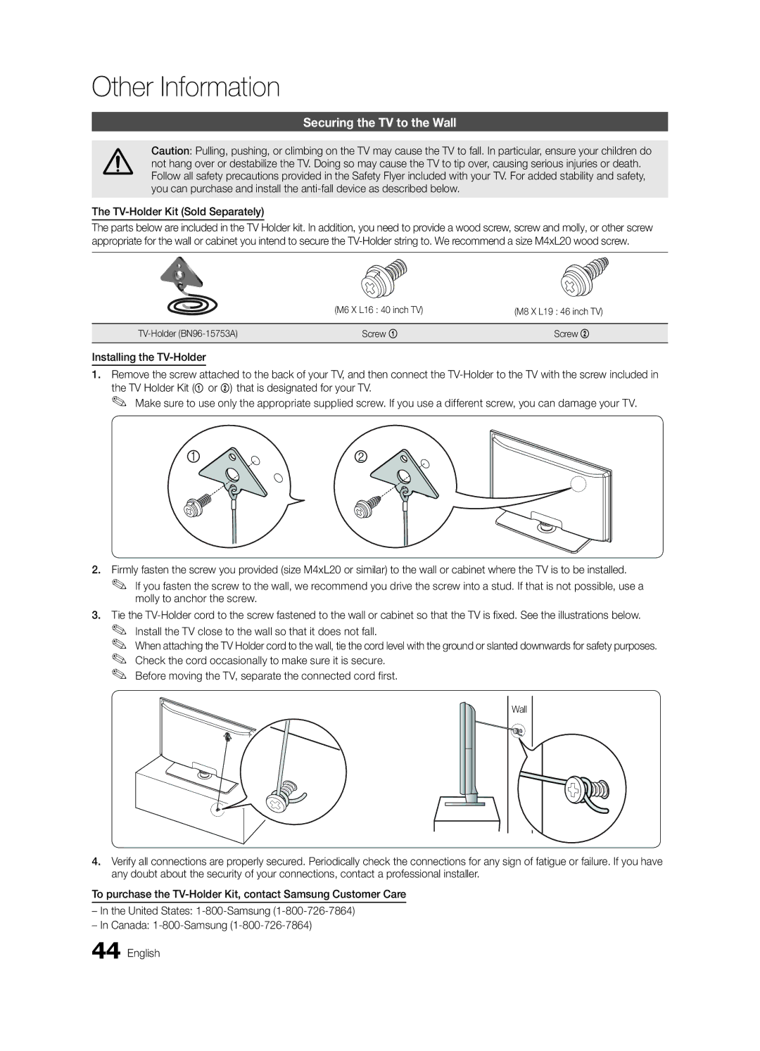 Samsung LN46D630, LN40D630 user manual Securing the TV to the Wall, TV-Holder Kit Sold Separately, M8 X L19 46 inch TV 