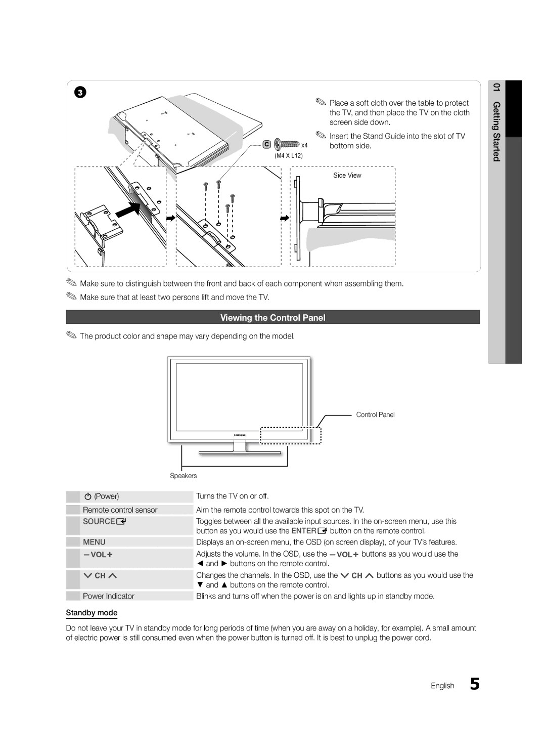 Samsung LN46D630, LN40D630 Viewing the Control Panel, Bottom side, Product color and shape may vary depending on the model 