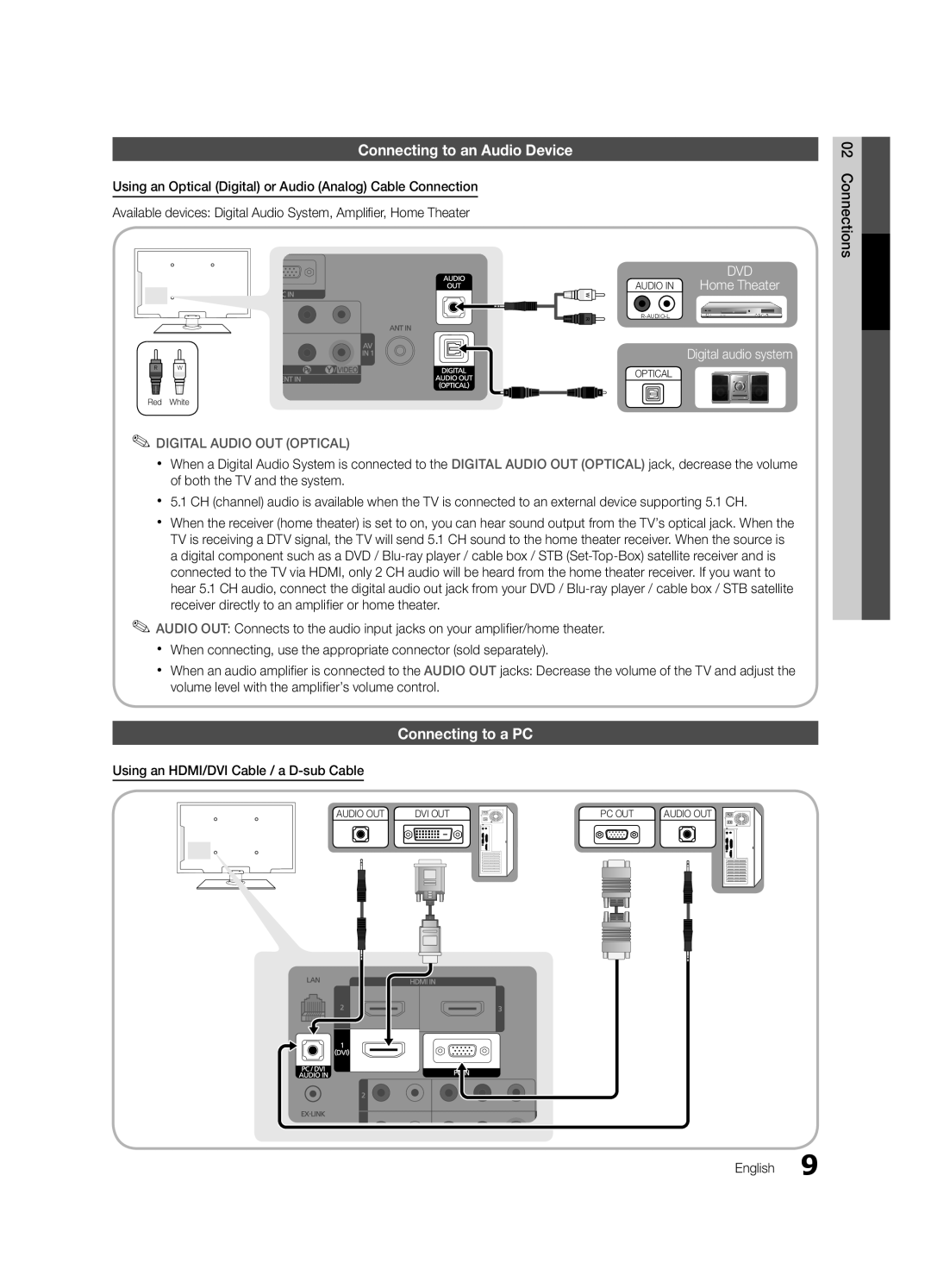 Samsung LN40D630, LN46D630 Connecting to an Audio Device, Connecting to a PC, Using an HDMI/DVI Cable / a D-sub Cable 