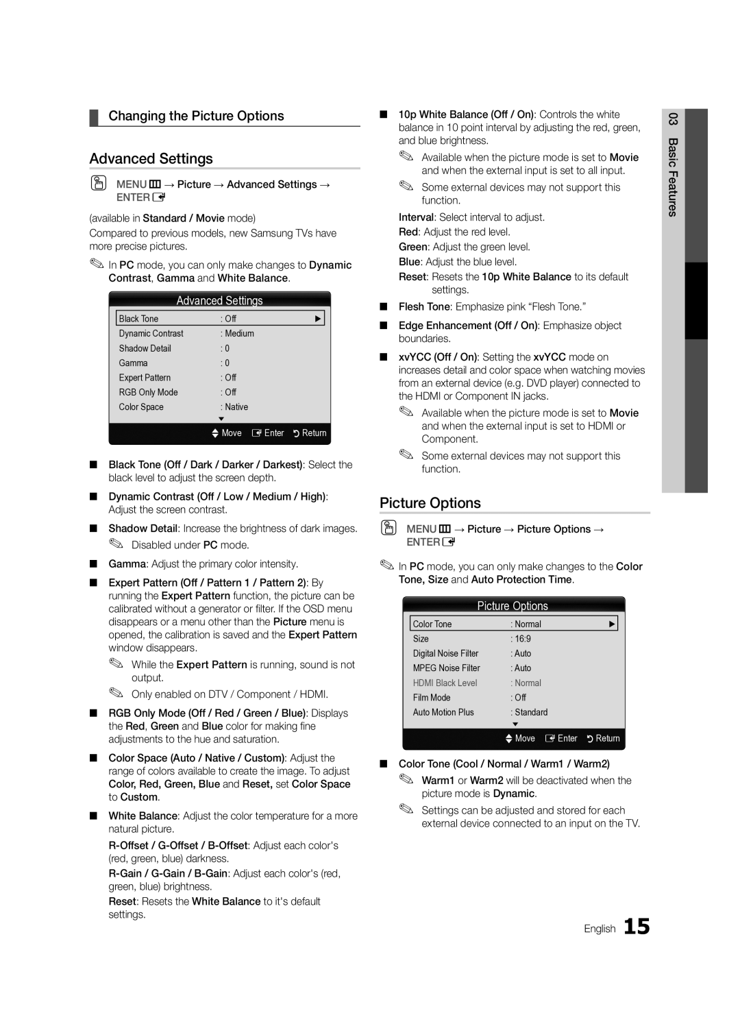 Samsung LN60C630, LN40C630, LN55C610, LN46C610 user manual Advanced Settings, Changing the Picture Options 