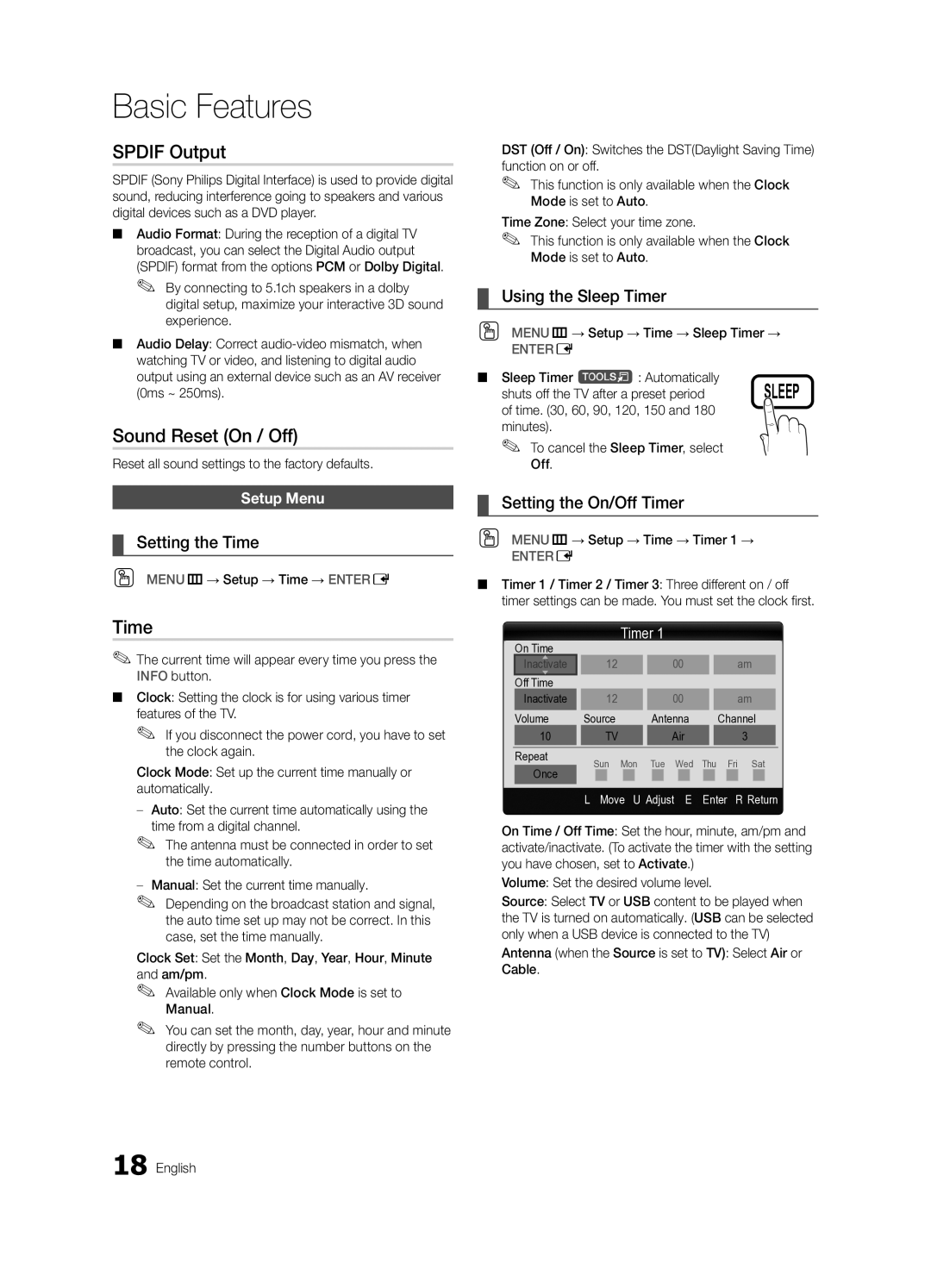 Samsung LN55C610, LN60C630, LN40C630, LN46C610 user manual Spdif Output, Sound Reset On / Off, Time 