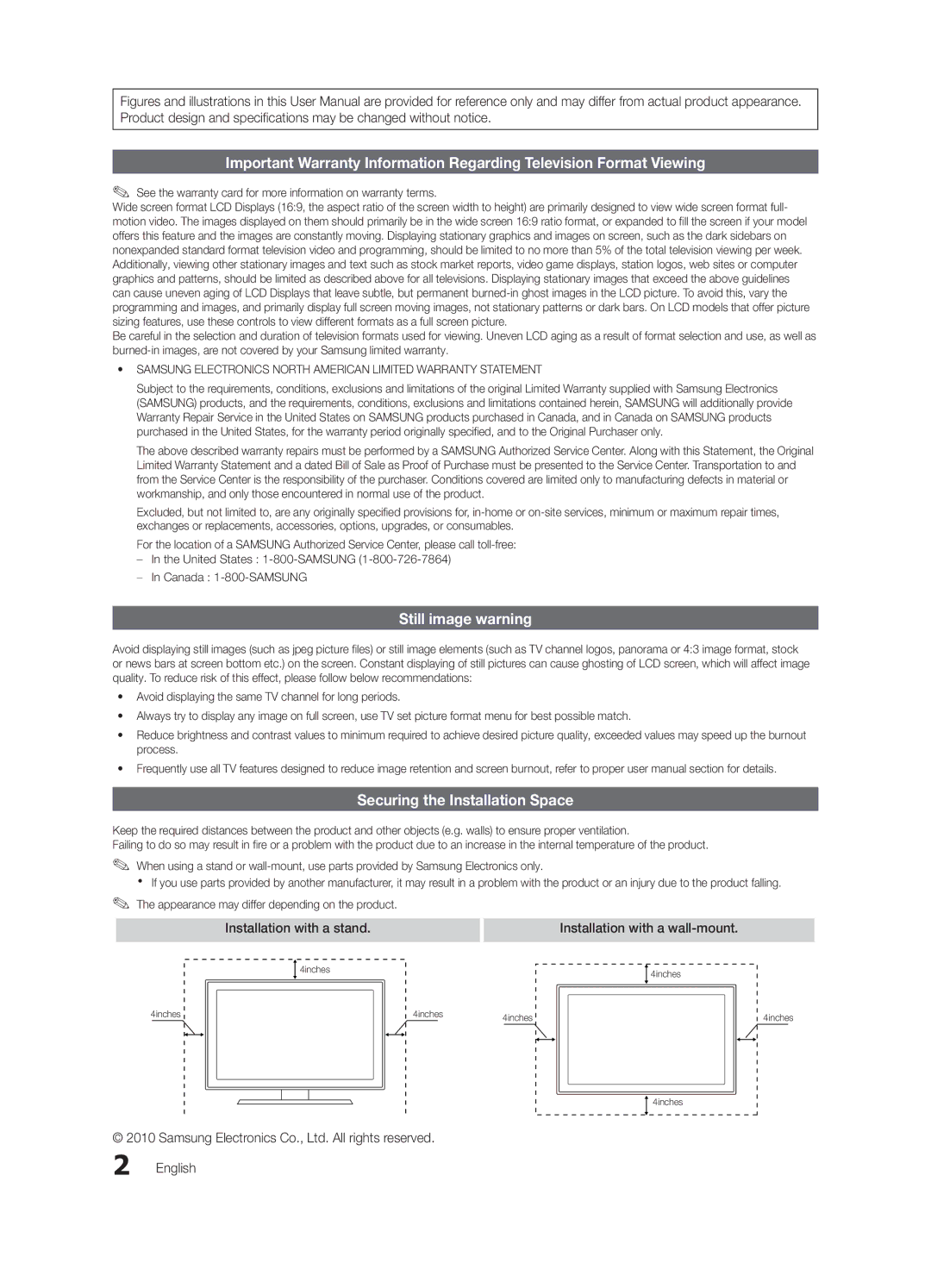 Samsung LN40C630, LN60C630, LN55C610, LN46C610 user manual Still image warning, Securing the Installation Space 