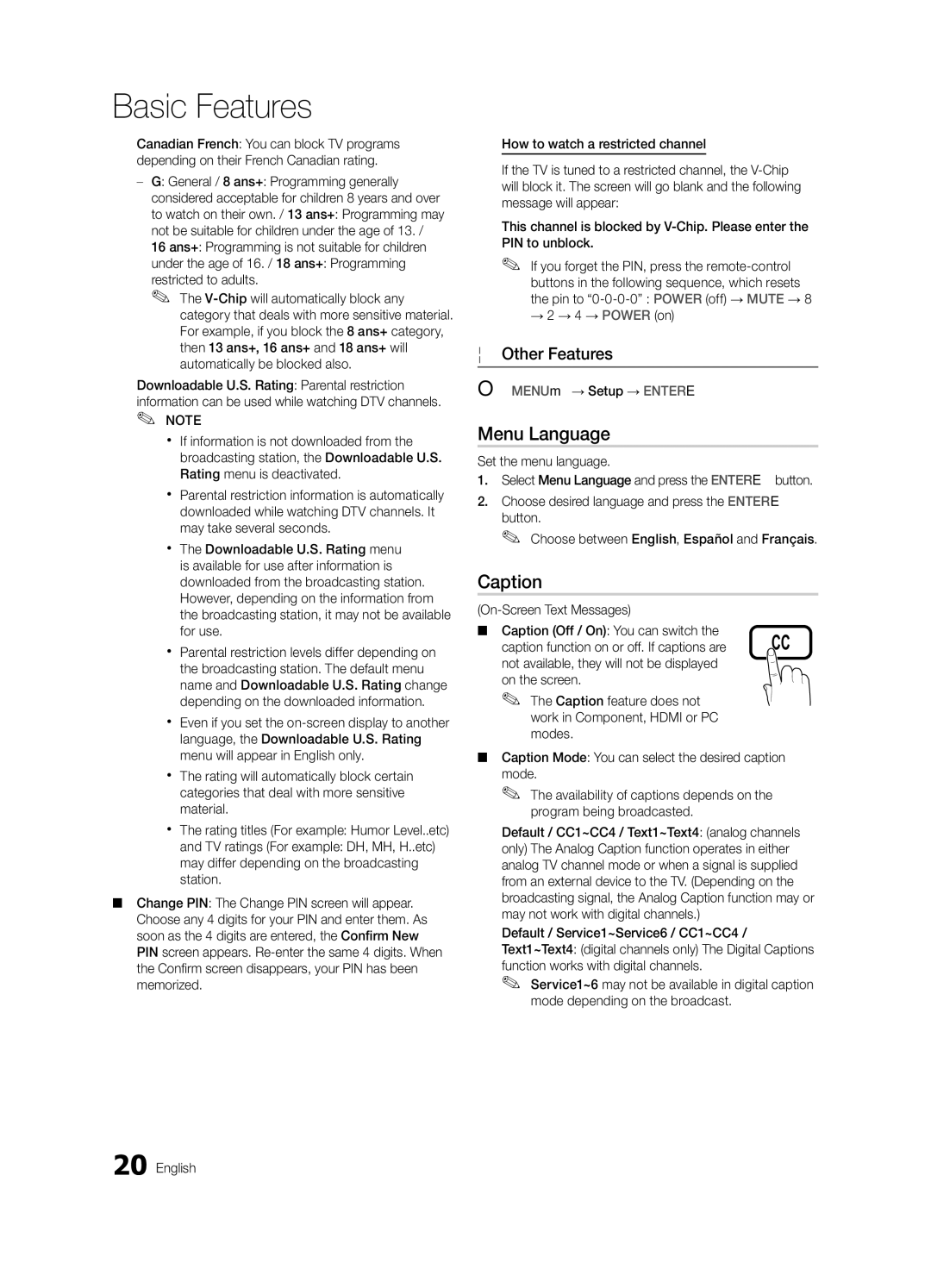 Samsung LN60C630 Menu Language, Caption, OO MENUm→ Setup → Entere, Function works with digital channels English 