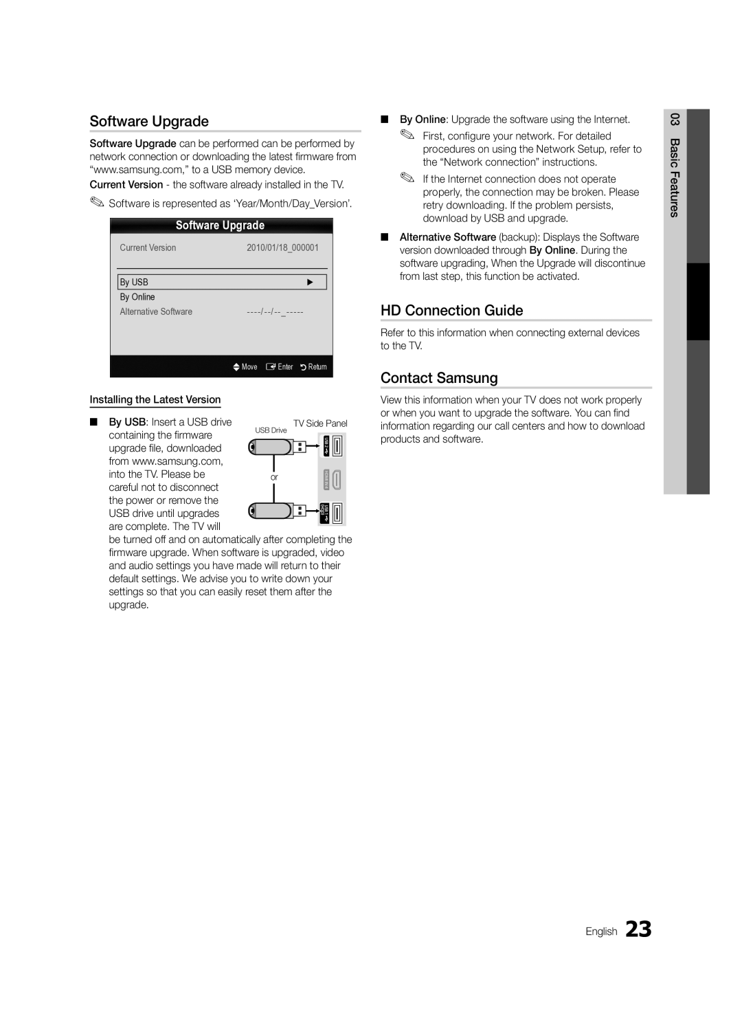 Samsung LN55C610 Software Upgrade, HD Connection Guide, Contact Samsung, By Online Upgrade the software using the Internet 