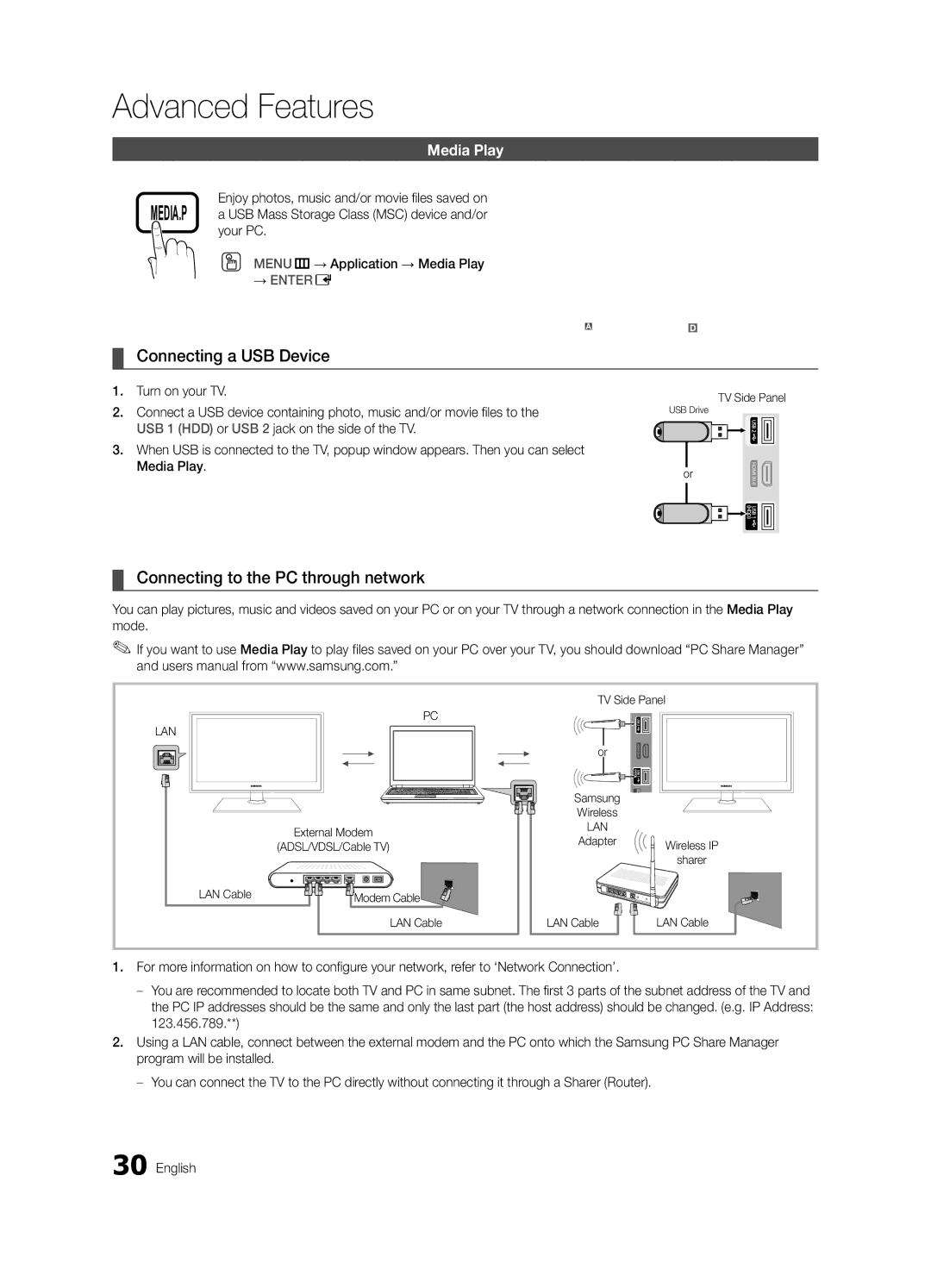 Samsung LN60C630, LN40C630, LN55C610, LN46C610 Connecting a USB Device, Connecting to the PC through network, Media Play 