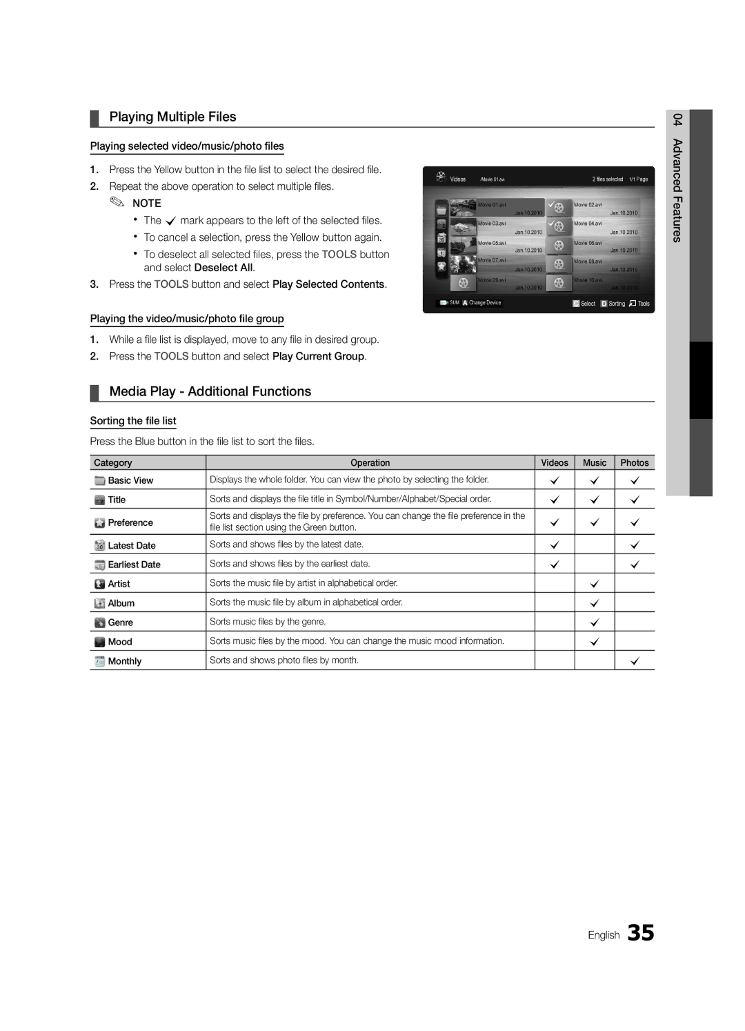 Samsung 630 Playing Multiple Files, Media Play Additional Functions, Monthly Sorts and shows photo files by month 