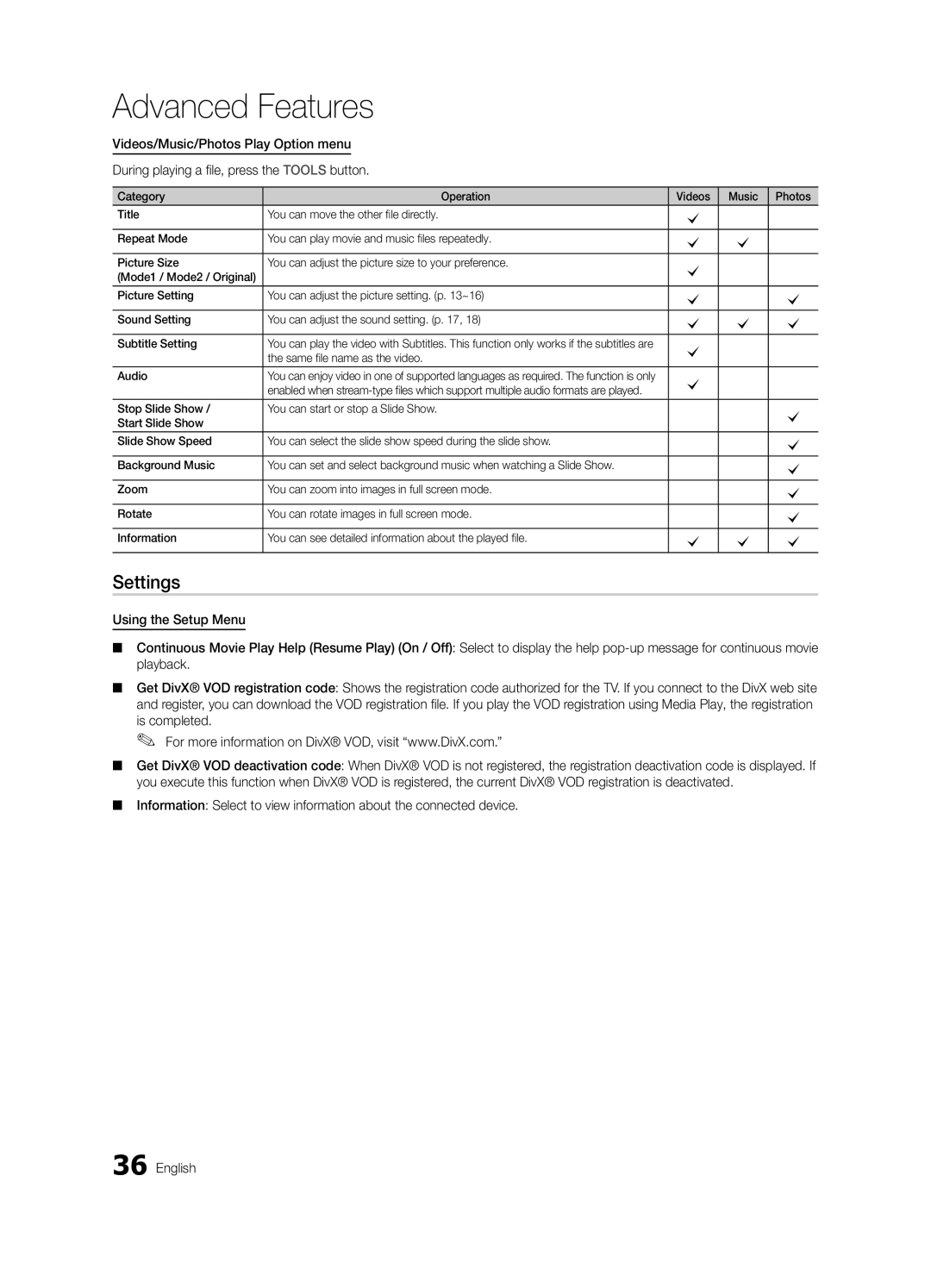 Samsung LN60C630, LN40C630, LN55C610, LN46C610 user manual Settings, Same file name as the video Audio 