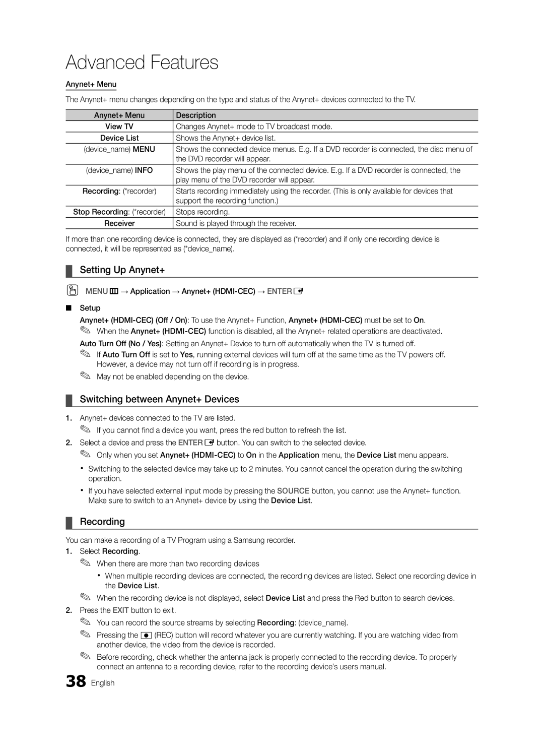 Samsung LN55C610, LN60C630, LN40C630, LN46C610 user manual Setting Up Anynet+, Switching between Anynet+ Devices, Recording 