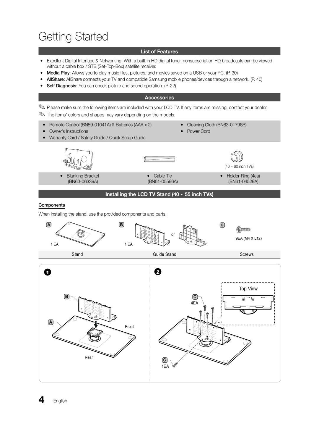 Samsung LN46C610, 630 List of Features, Accessories, Installing the LCD TV Stand 40 ~ 55 inch TVs, BN63-06339A BN61-05596A 