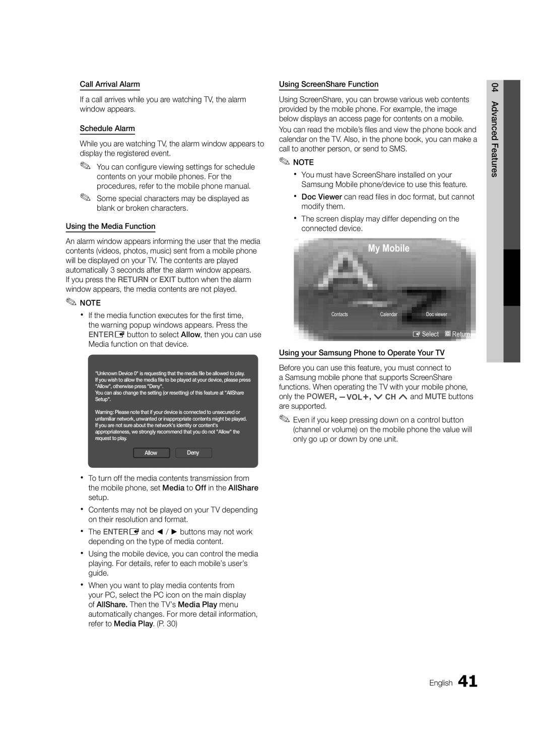 Samsung LN60C630, LN40C630, LN55C610, LN46C610 user manual My Mobile 