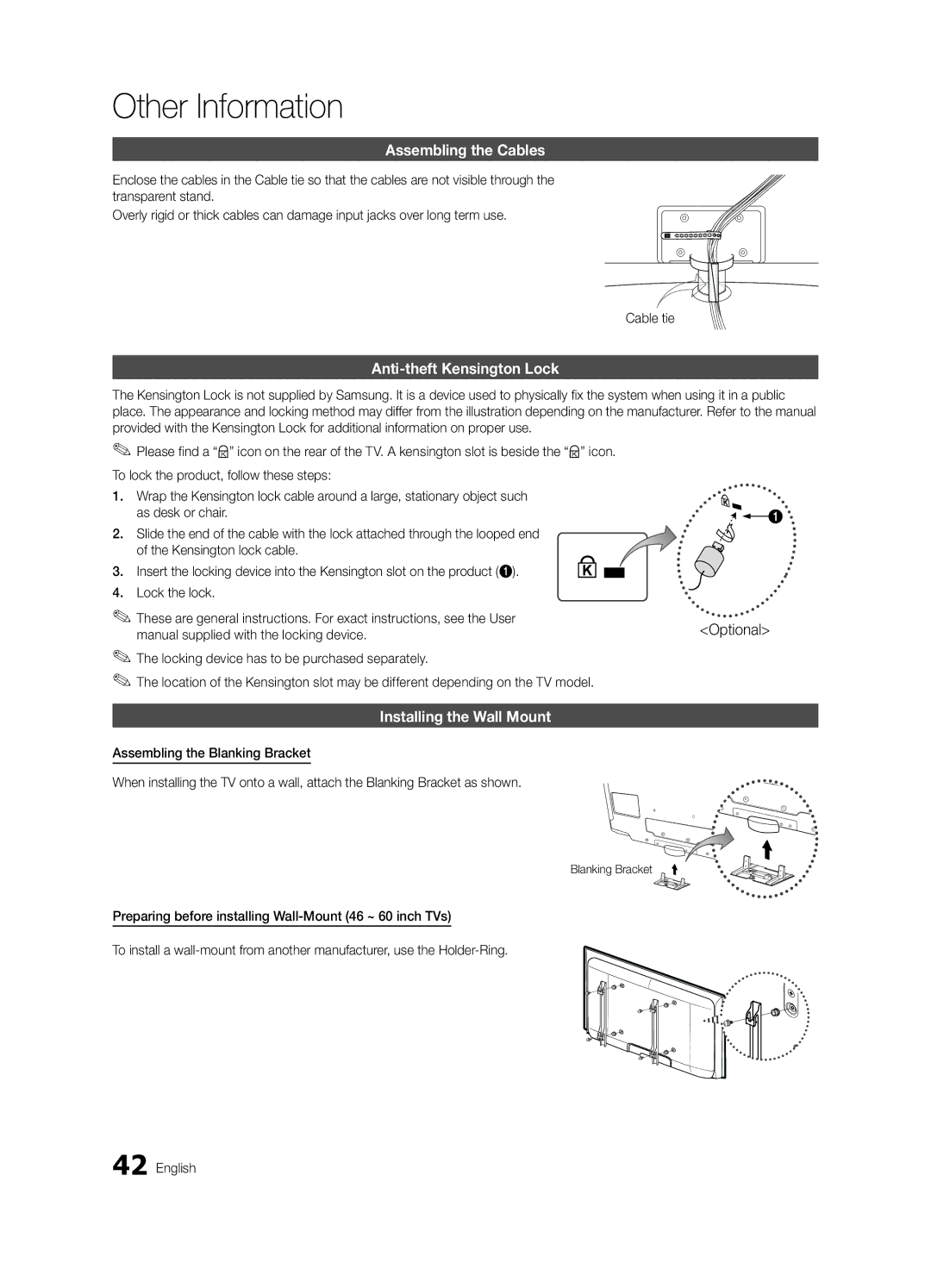 Samsung LN40C630, LN60C630 Assembling the Cables, Anti-theft Kensington Lock, Installing the Wall Mount, Blanking Bracket 