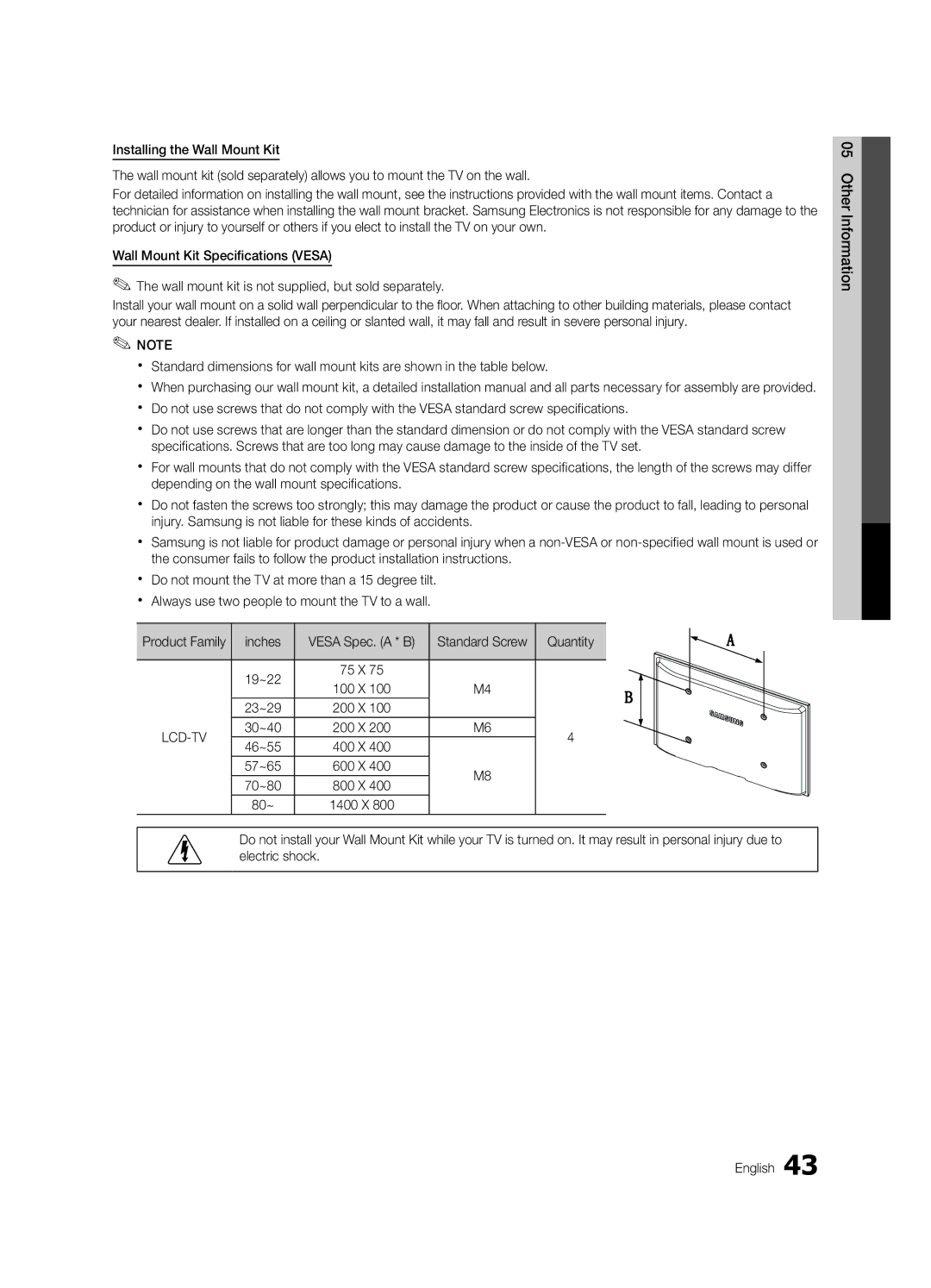 Samsung LN55C610, LN60C630, LN40C630, LN46C610 user manual Product Family Inches, Quantity, 19~22 75 X 100 X 23~29 200 X 