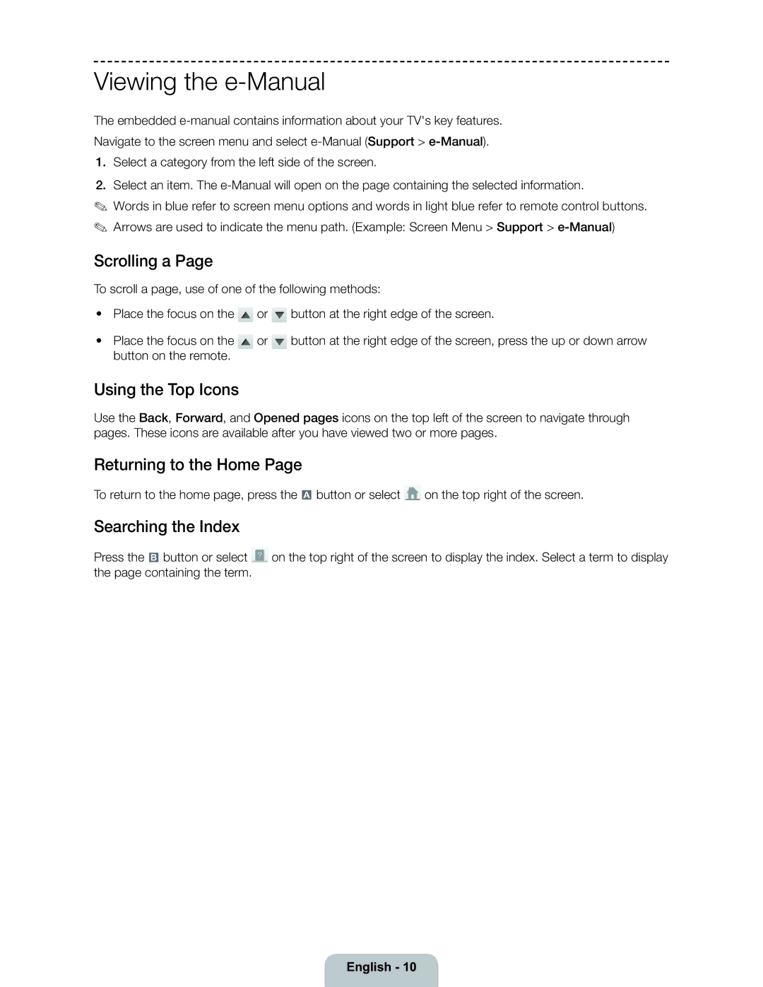 Samsung 6300 user manual Viewing the e-Manual, Scrolling a, Using the Top Icons, Returning to the Home, Searching the Index 