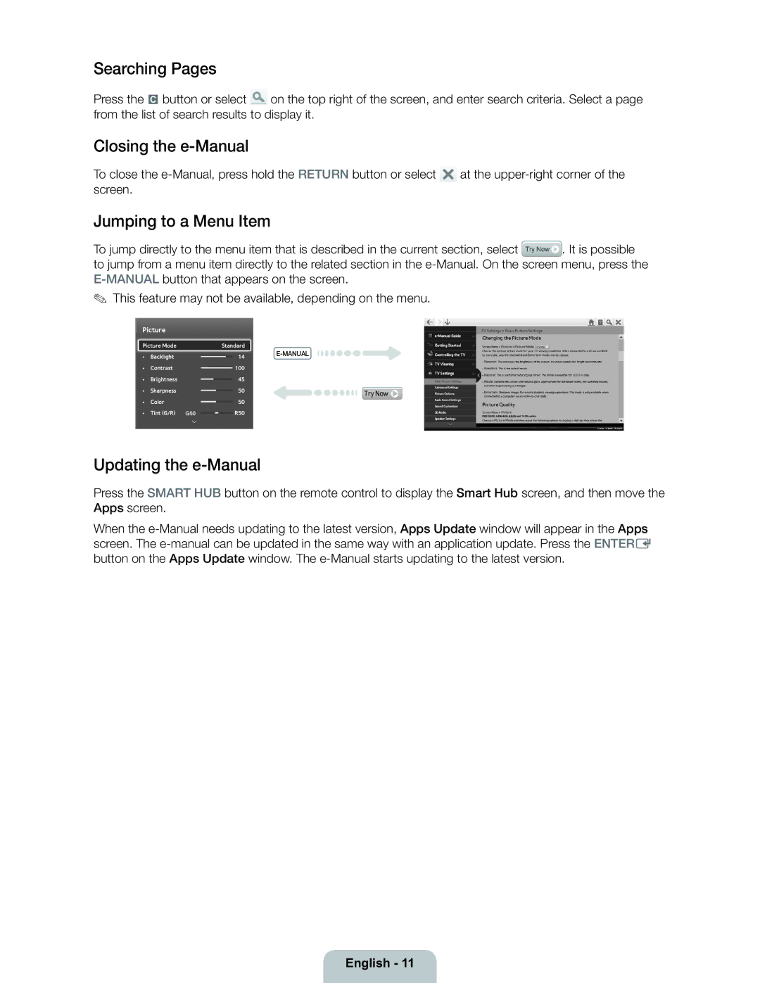 Samsung 6300 user manual Searching Pages, Closing the e-Manual, Jumping to a Menu Item, Updating the e-Manual 