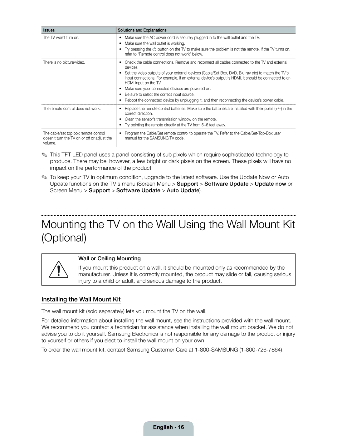 Samsung 6300 user manual Installing the Wall Mount Kit 