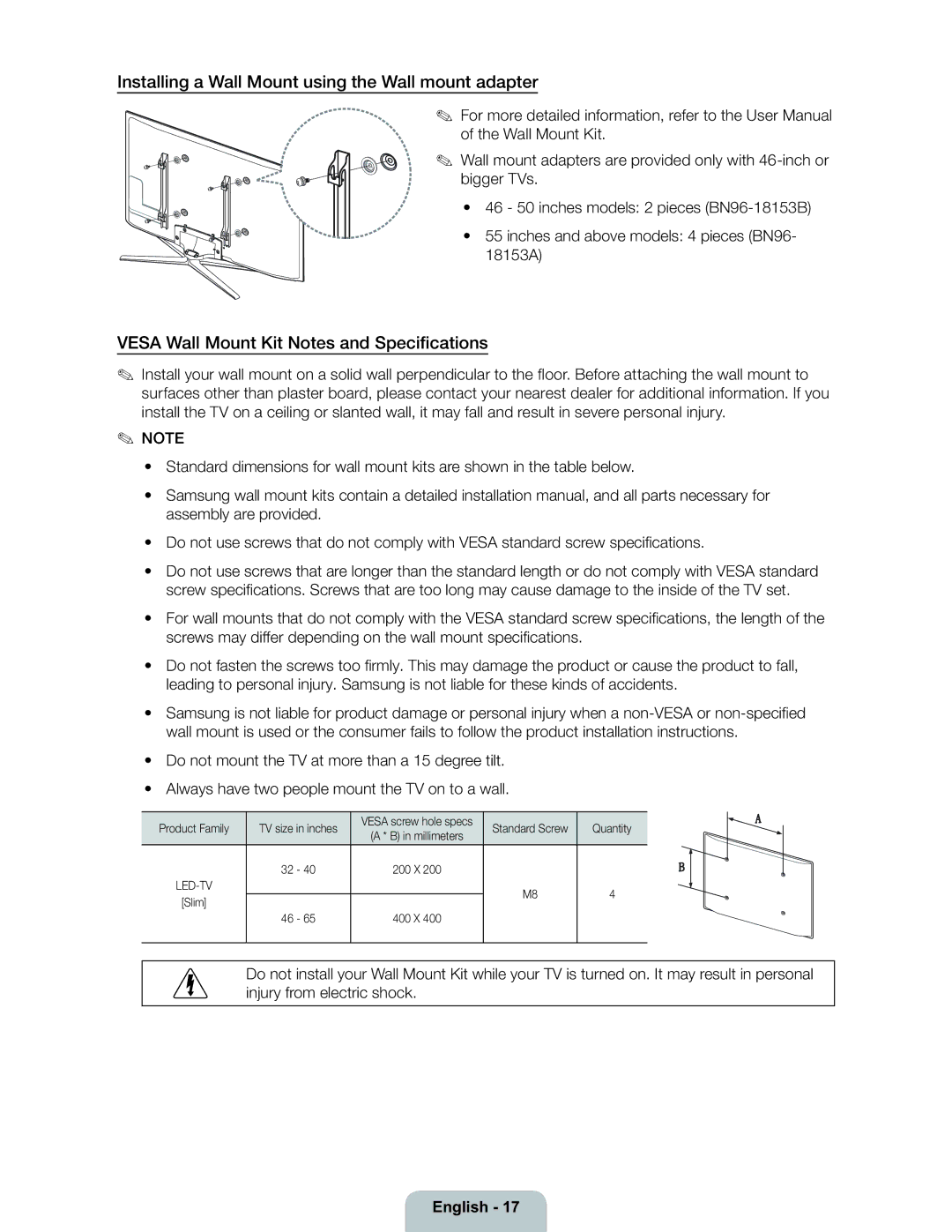 Samsung 6300 Installing a Wall Mount using the Wall mount adapter, Vesa Wall Mount Kit Notes and Speciﬁcations, Quantity 