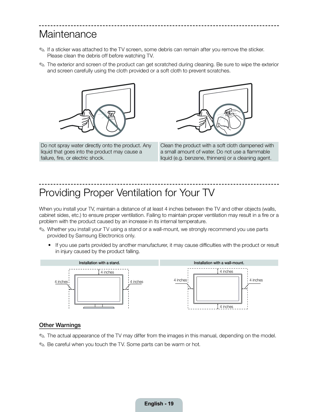 Samsung 6300 Maintenance, Providing Proper Ventilation for Your TV, Other Warnings, Installation with a stand Inches 