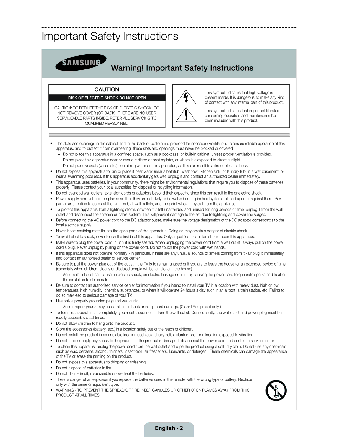 Samsung 6300 user manual Important Safety Instructions, Risk of Electric Shock do not Open 