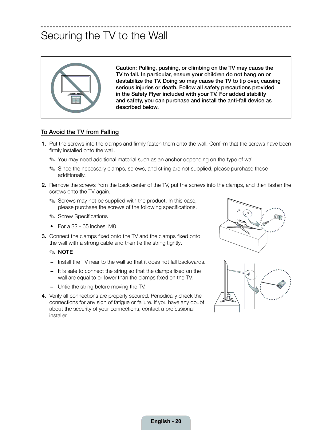 Samsung 6300 user manual Securing the TV to the Wall, To Avoid the TV from Falling 