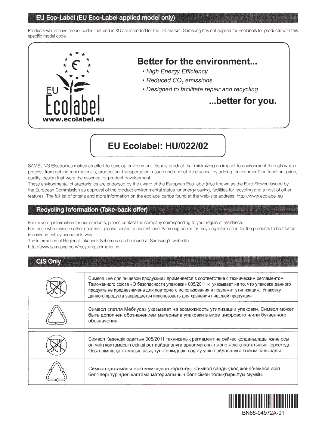 Samsung 6300 user manual Better for the environment 