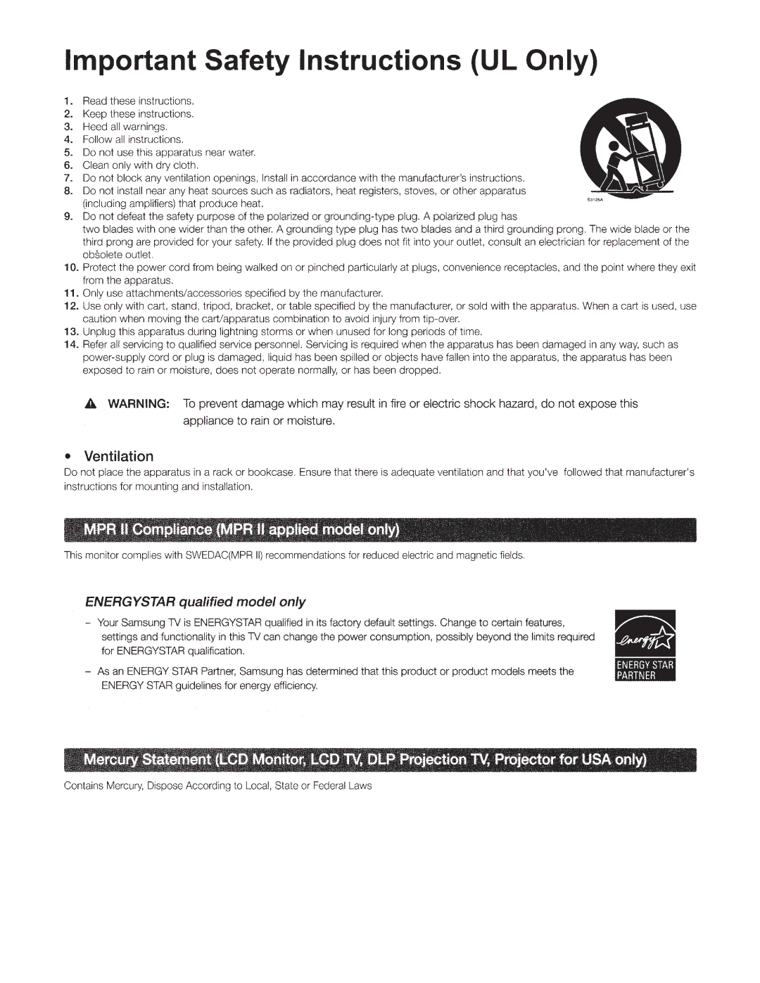 Samsung 6300 user manual Important Safety Instructions UL Only 