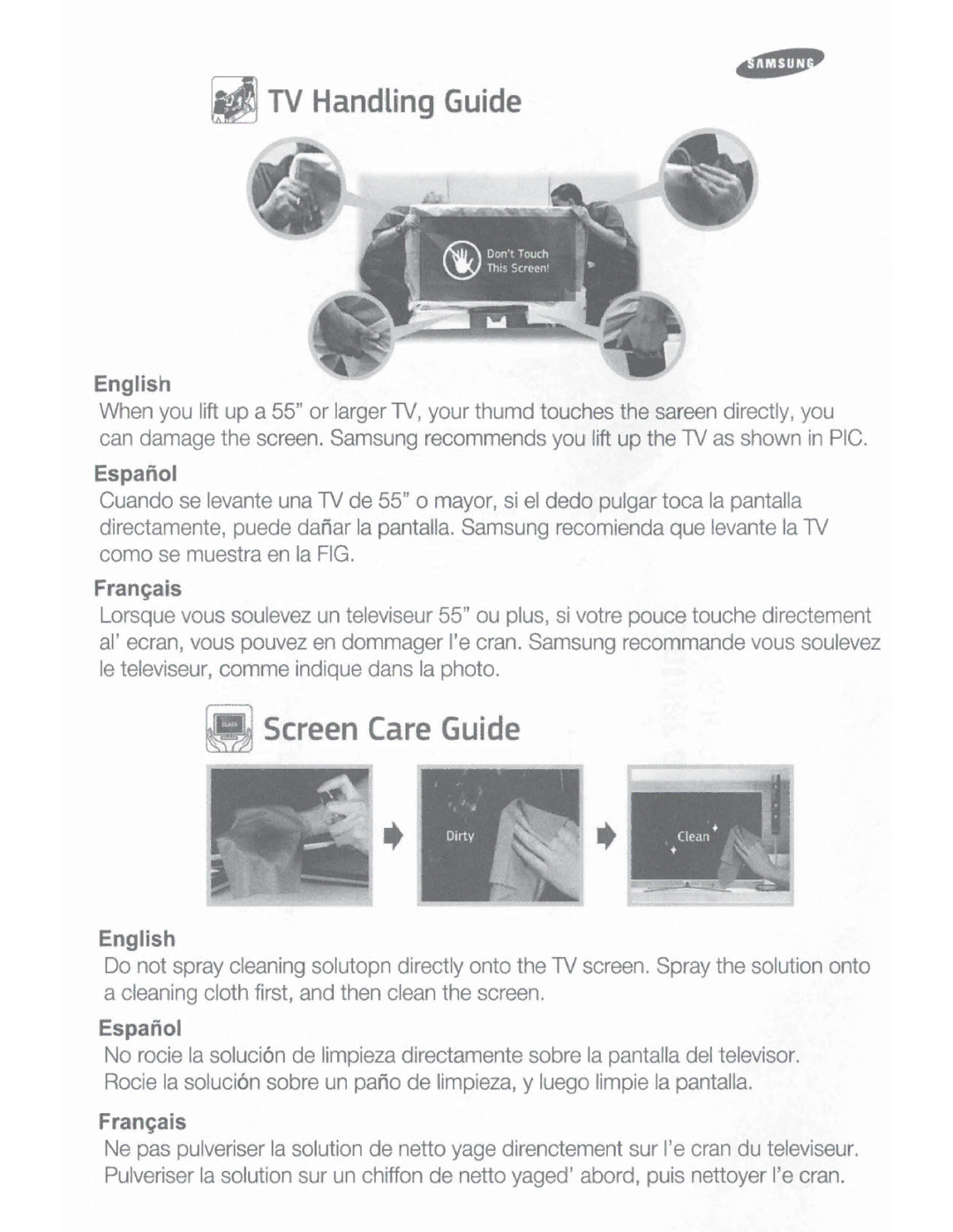 Samsung 6300 user manual ~ TV Handling Guide, Fran~ais 