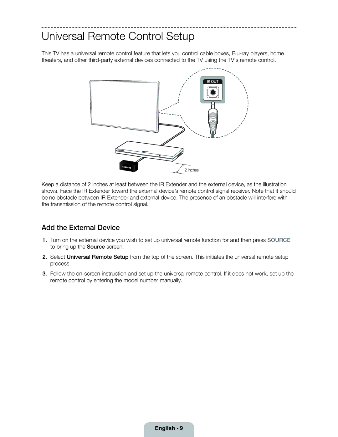 Samsung 6300 user manual Universal Remote Control Setup, Add the External Device, Inches 