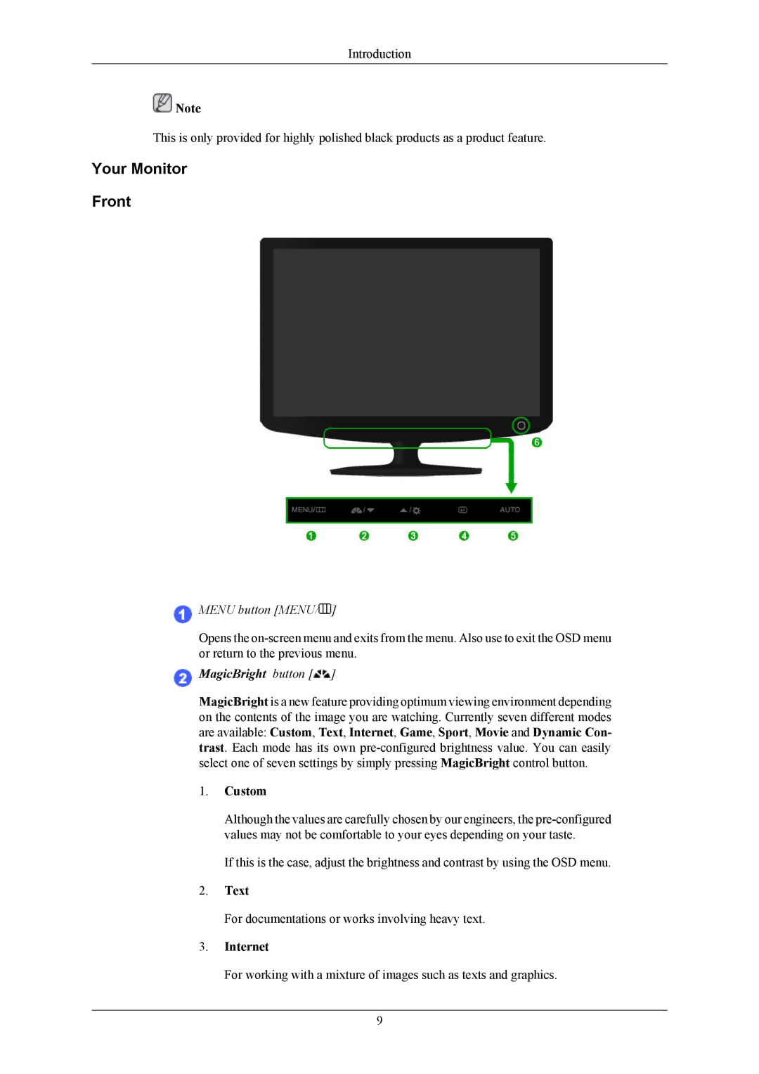 Samsung 632NW user manual Your Monitor Front, Custom, Text, Internet 