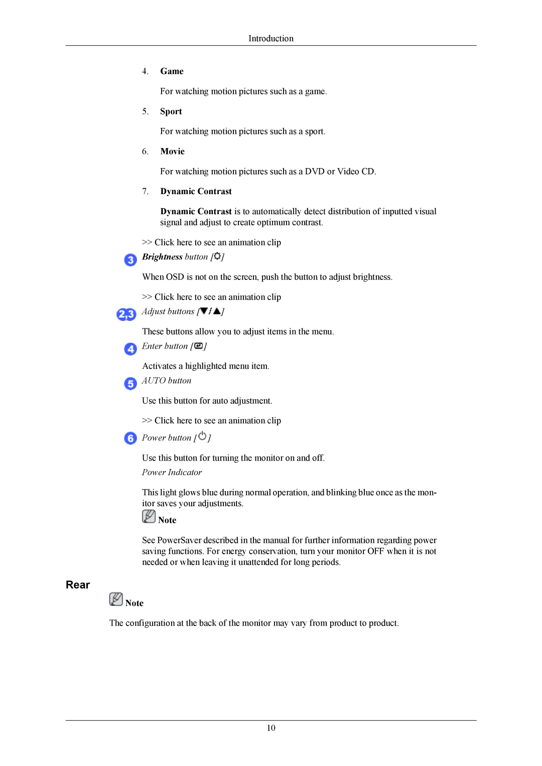 Samsung 632NW user manual Rear, Game, Sport, Movie, Dynamic Contrast 