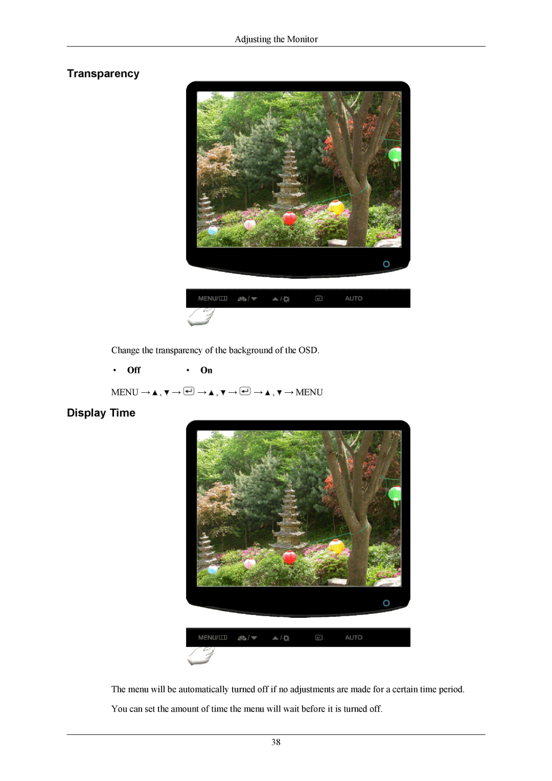 Samsung 632NW user manual Transparency, Display Time, Off On 