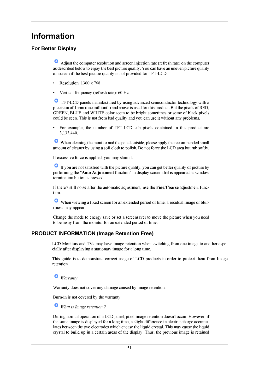 Samsung 632NW user manual For Better Display, Product Information Image Retention Free 