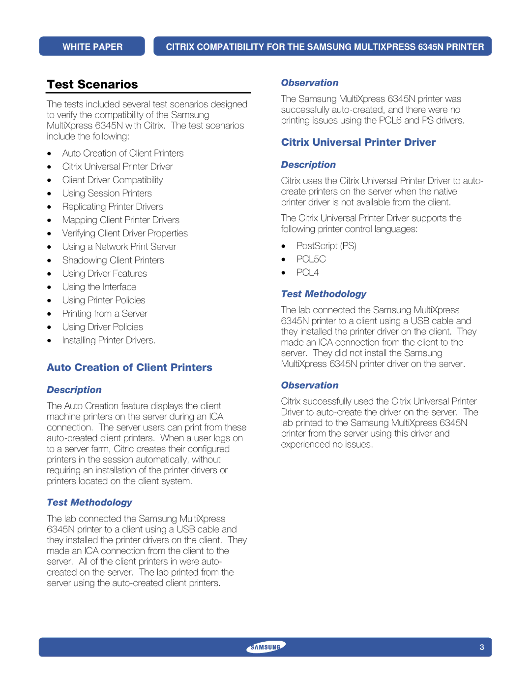 Samsung 6345N specifications Test Scenarios, Auto Creation of Client Printers, Citrix Universal Printer Driver 