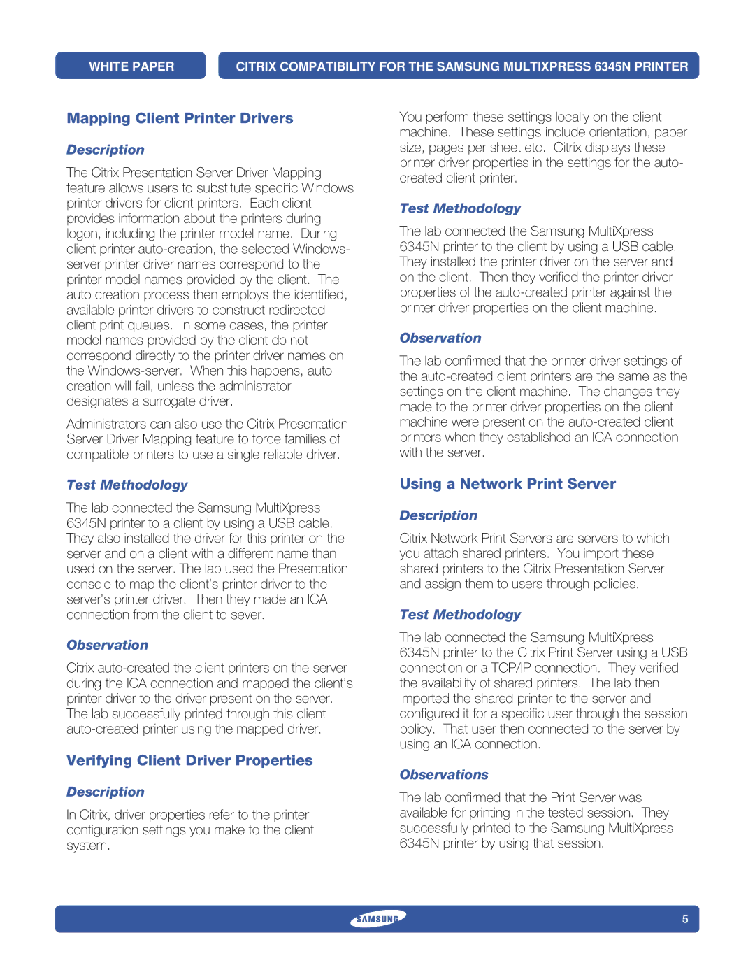 Samsung 6345N Mapping Client Printer Drivers, Verifying Client Driver Properties, Using a Network Print Server 