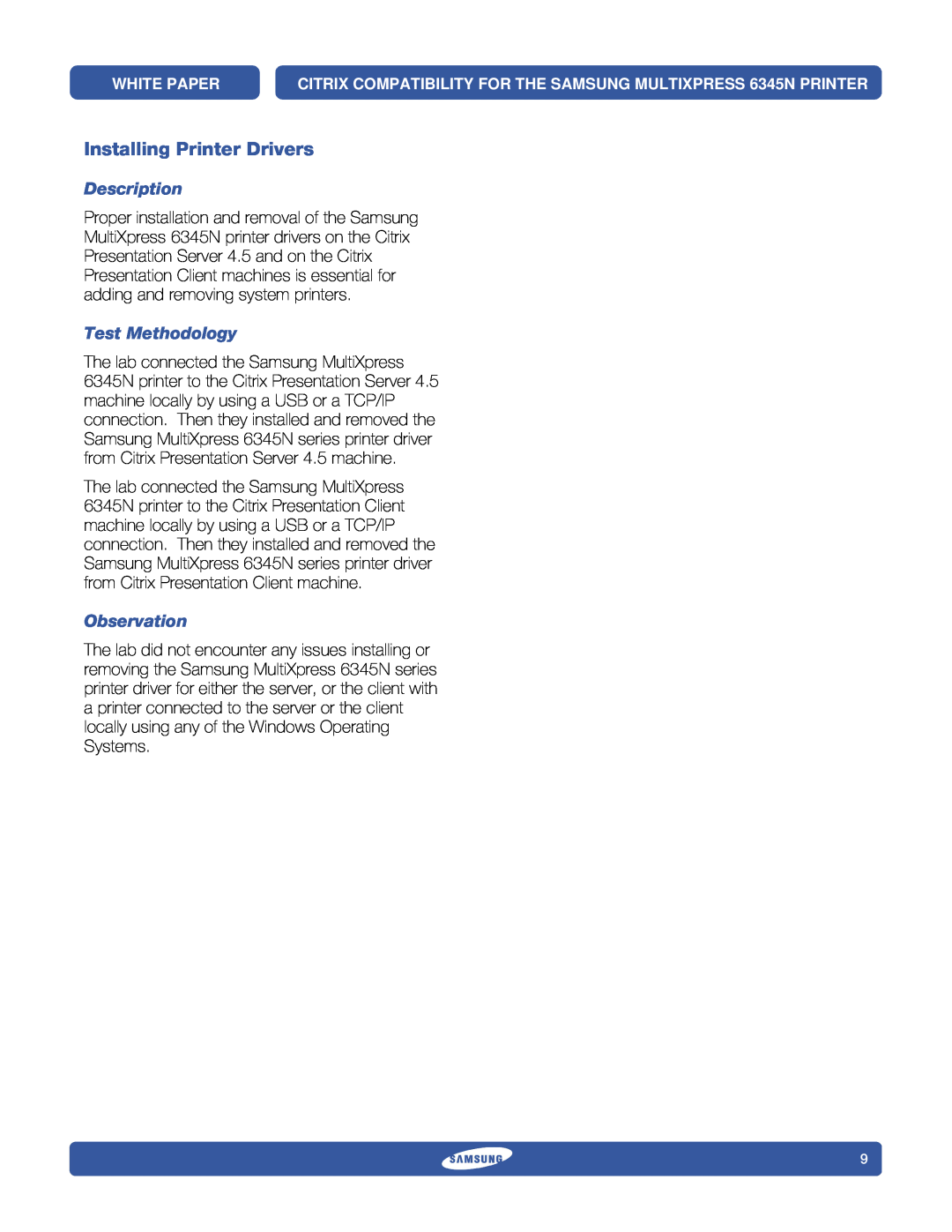 Samsung 6345N specifications Installing Printer Drivers, Description, Test Methodology, Observation 