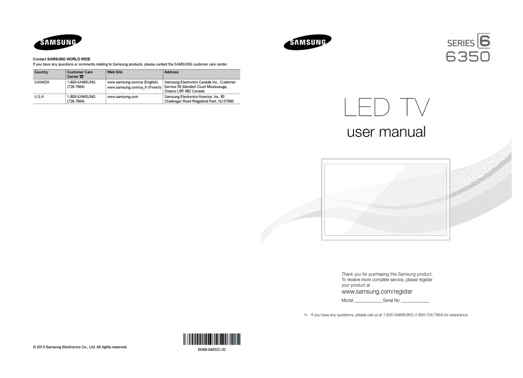 Samsung 6350 user manual Samsung Electronics Canada Inc., Customer, Challenger Road Ridgeﬁ eld Park, NJ, BN68-04832C-02 