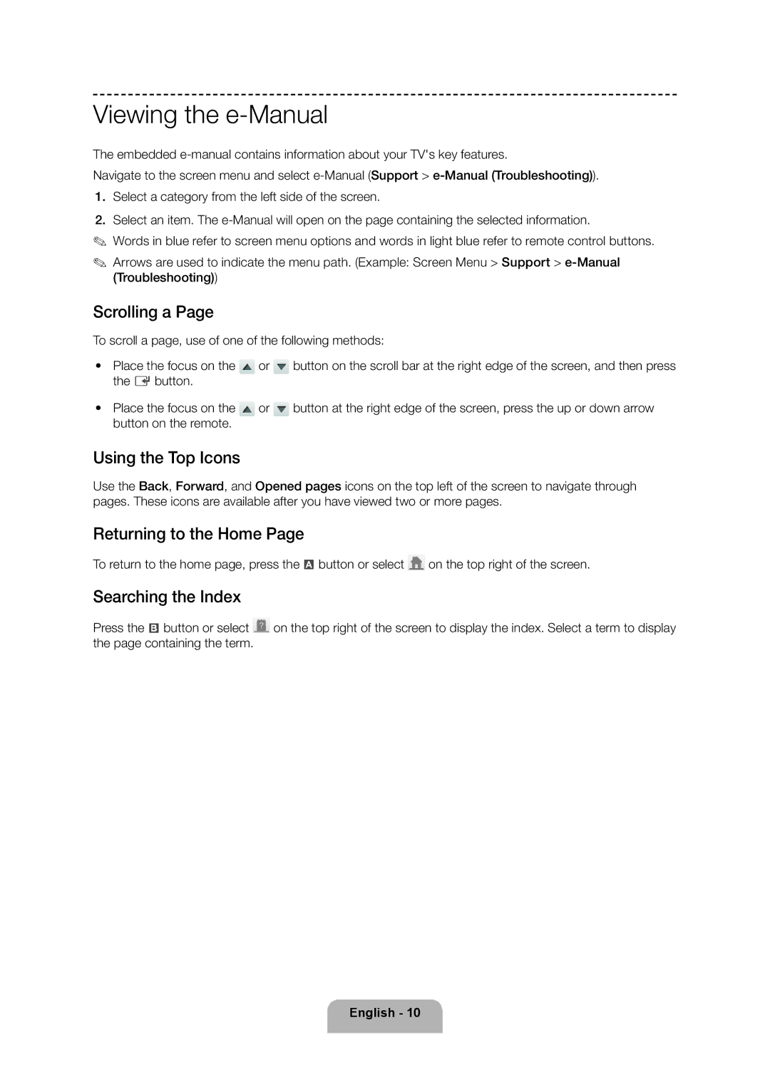 Samsung 6350 user manual Viewing the e-Manual, Scrolling a, Using the Top Icons, Returning to the Home, Searching the Index 