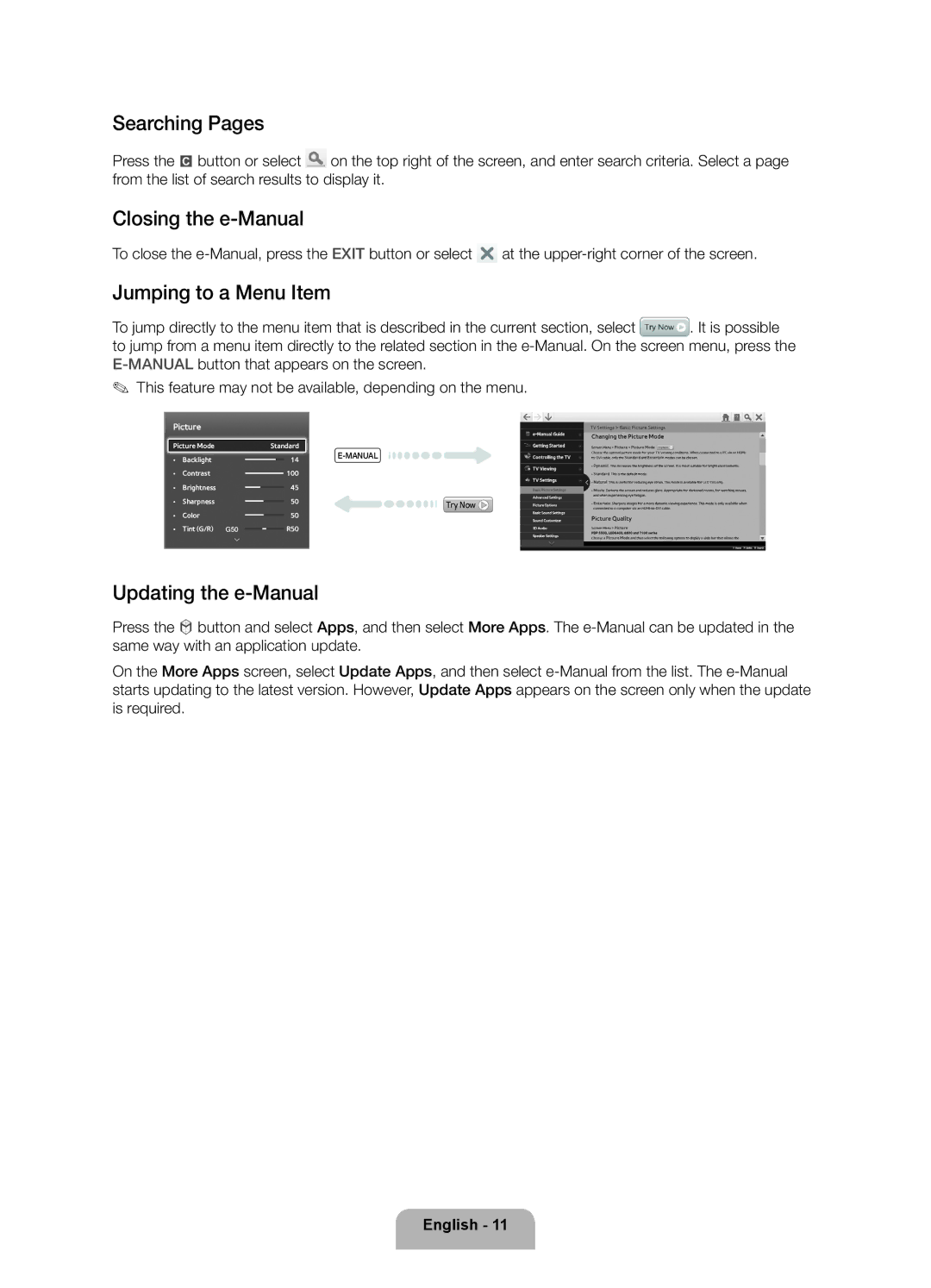 Samsung 6350 user manual Searching Pages, Closing the e-Manual, Jumping to a Menu Item, Updating the e-Manual 