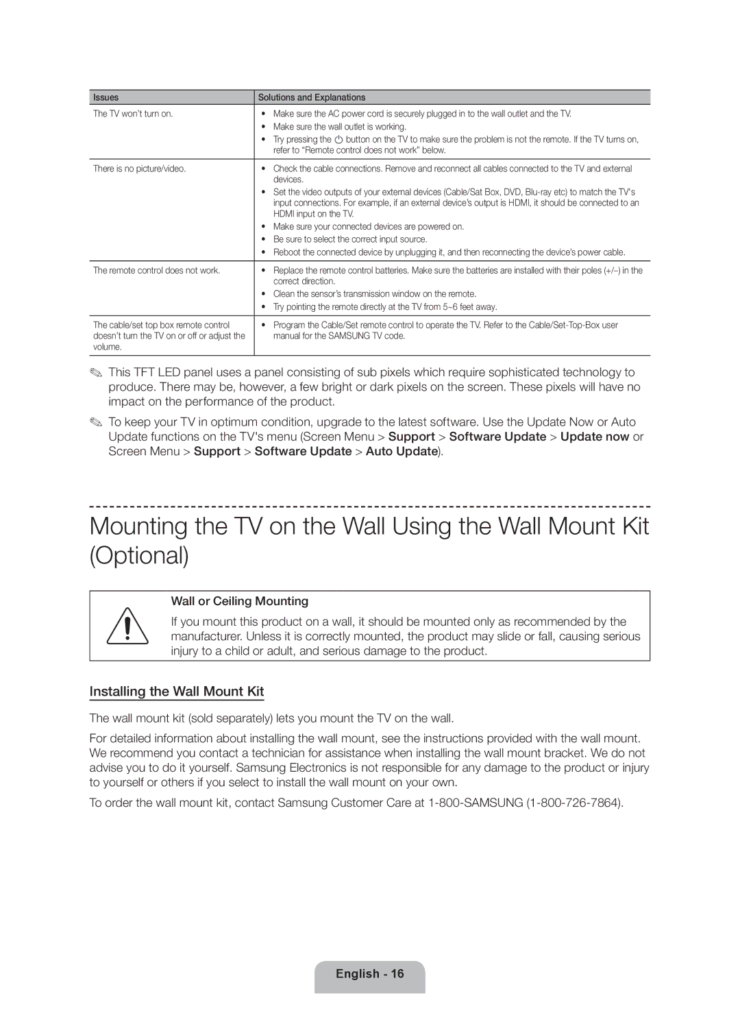 Samsung 6350 user manual Installing the Wall Mount Kit 