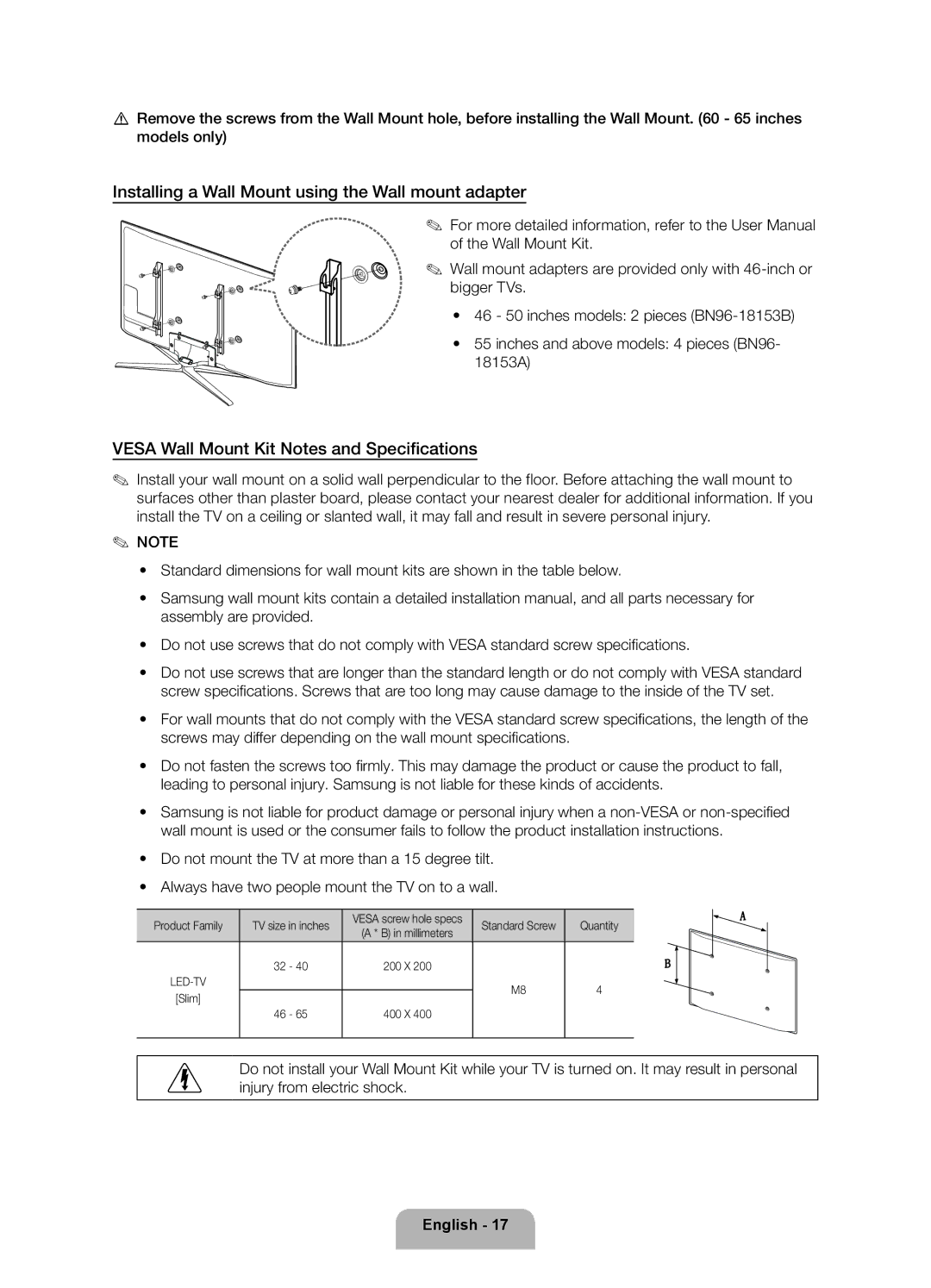 Samsung 6350 Installing a Wall Mount using the Wall mount adapter, Vesa Wall Mount Kit Notes and Specifications, Slim 