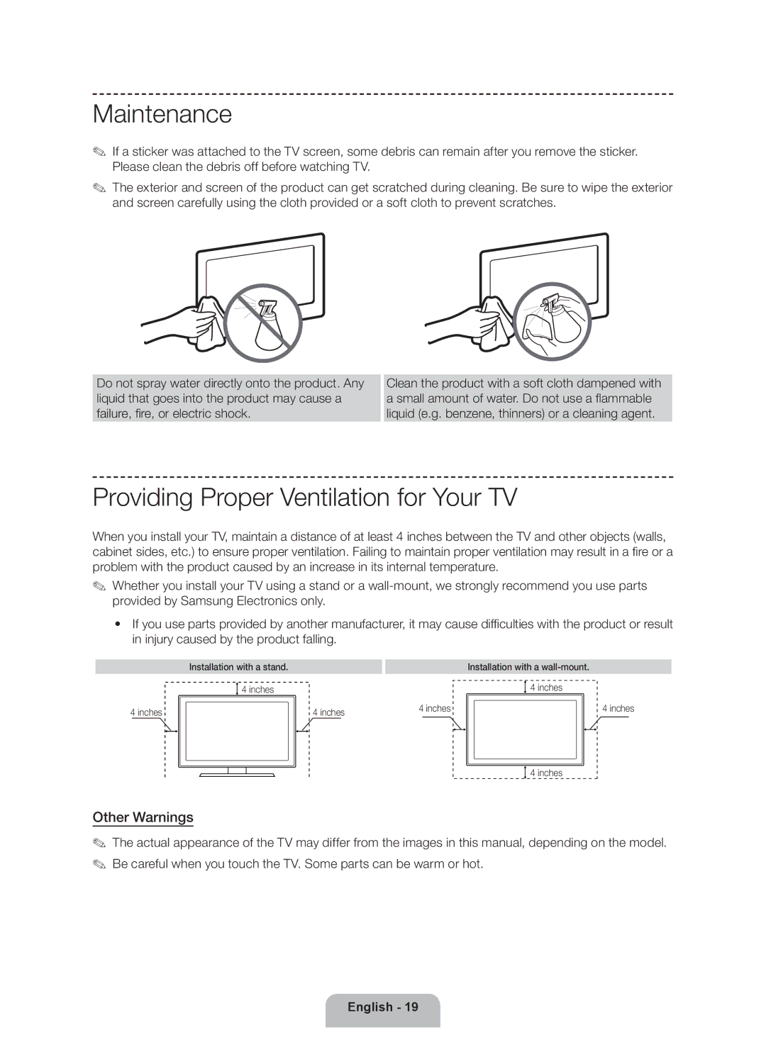 Samsung 6350 Maintenance, Providing Proper Ventilation for Your TV, Other Warnings, Installation with a stand Inches 