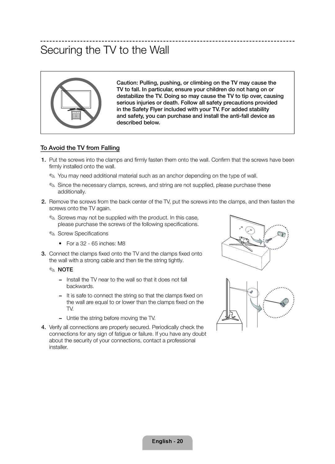 Samsung 6350 user manual Securing the TV to the Wall, To Avoid the TV from Falling 