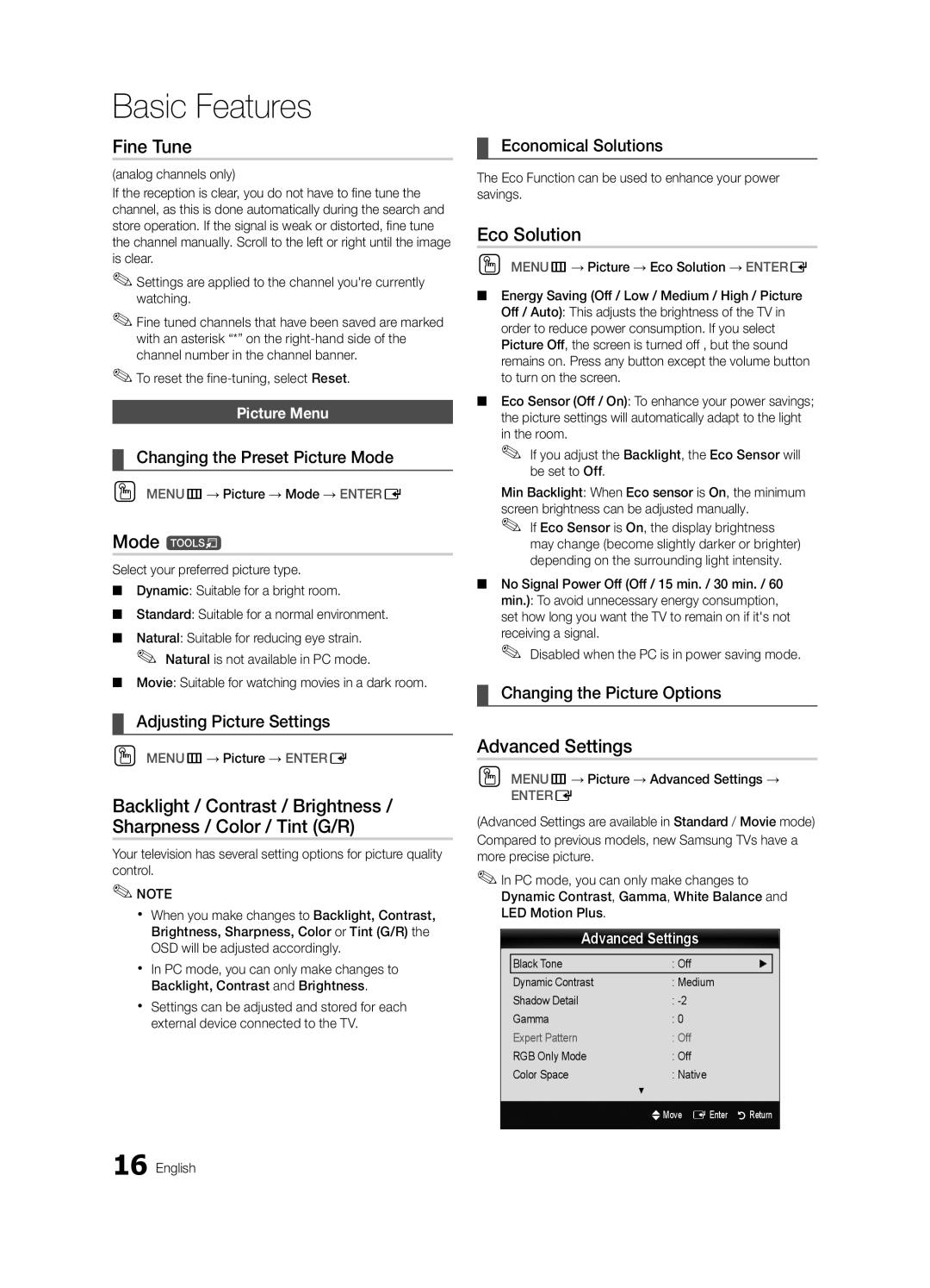 Samsung UN55C6400, UN46C6400, UN40C6500 user manual Fine Tune, Mode t, Eco Solution, Advanced Settings 