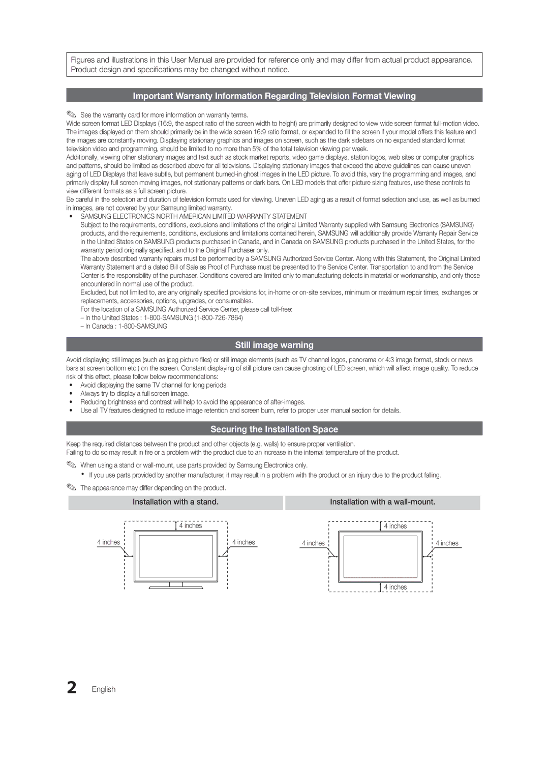 Samsung UN55C6400, 6500, UN46C6400 Still image warning, Securing the Installation Space, Installation with a stand, English 