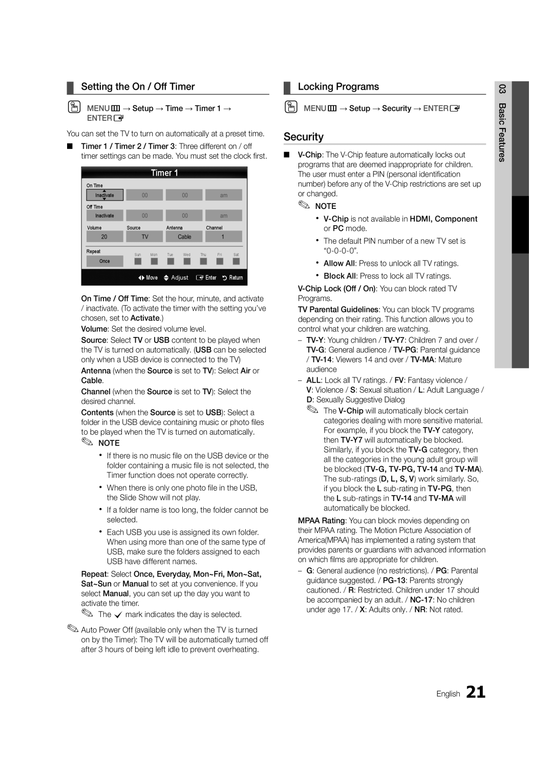 Samsung UN55C6400, UN46C6400, UN40C6500 Security, Setting the On / Off Timer, OO MENUm→ Setup → Time → Timer 1 → 