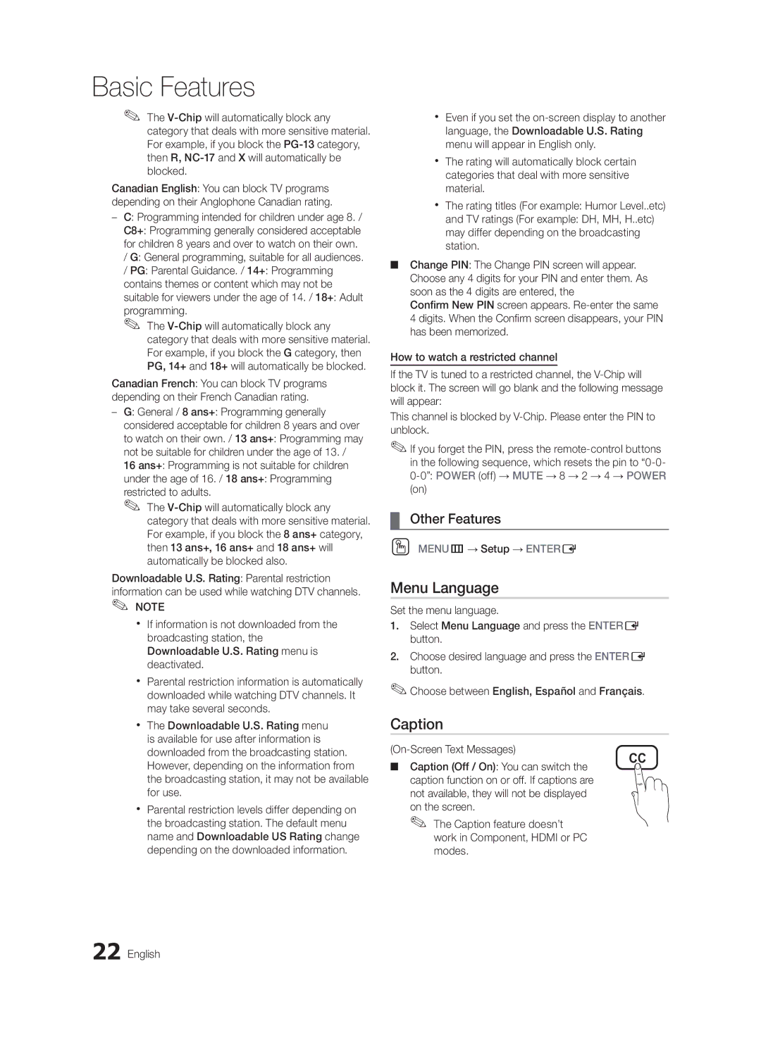 Samsung UN55C6400, UN46C6400, UN40C6500 user manual Menu Language, Caption 