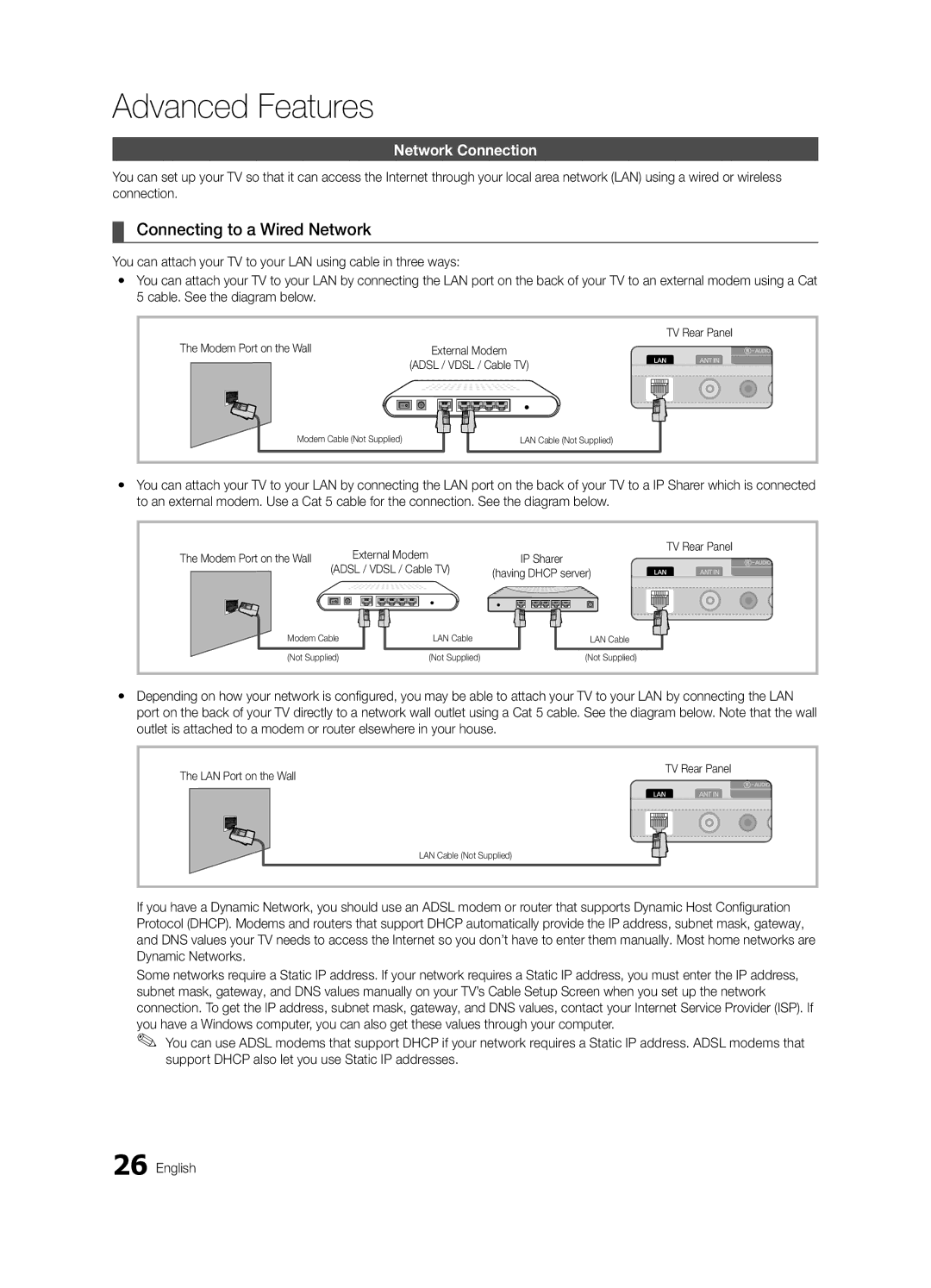 Samsung 6400, 6500 Connecting to a Wired Network, Network Connection, Modem Port on the Wall, LAN Port on the Wall 